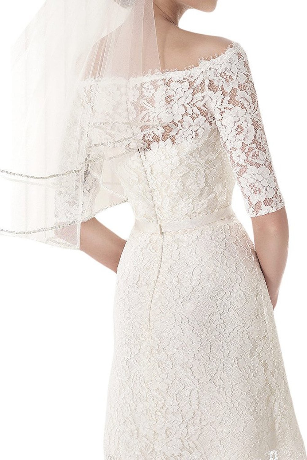 Vestido de Novia Corto Vestido de Noche Femenino Encaje Vestido de Manga Corta con Funda, Blanco, 36