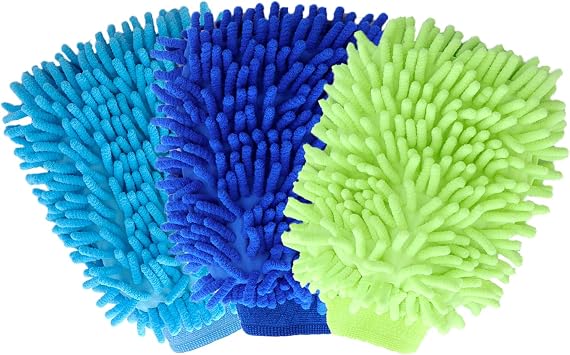 3PK Microfiber Car Wash Mitts Scratch Free Double Sided Cleaning Drying Mitts Wash Gloves for Car Washing Supplies Trucks Motorcycles Blue+Green+Royal Blue