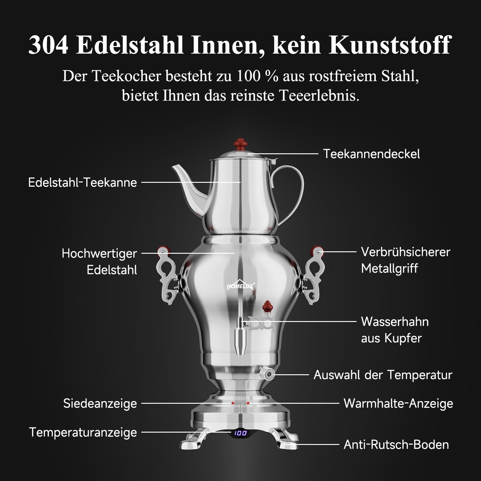 HOMELUX Samoware Edelstahl Elektrischer, 1850W Türkische Teekannen, 2.5L +1.2L Teemaschine Teekocher Wasserkocher mit Warmhaltefunktion, Intelligente Temperaturregelung, Trockengehschutz
