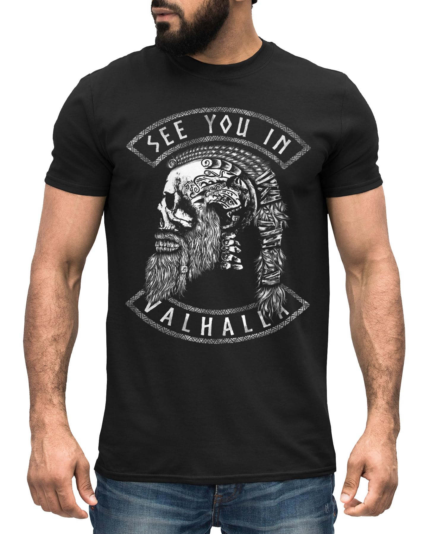 Neverless Men's Valhalla Black Neverless® T-Shirt Berserker Bear Viking Warrior Odin Thor Valhalla Runes Valknut Nordic Mythology, L