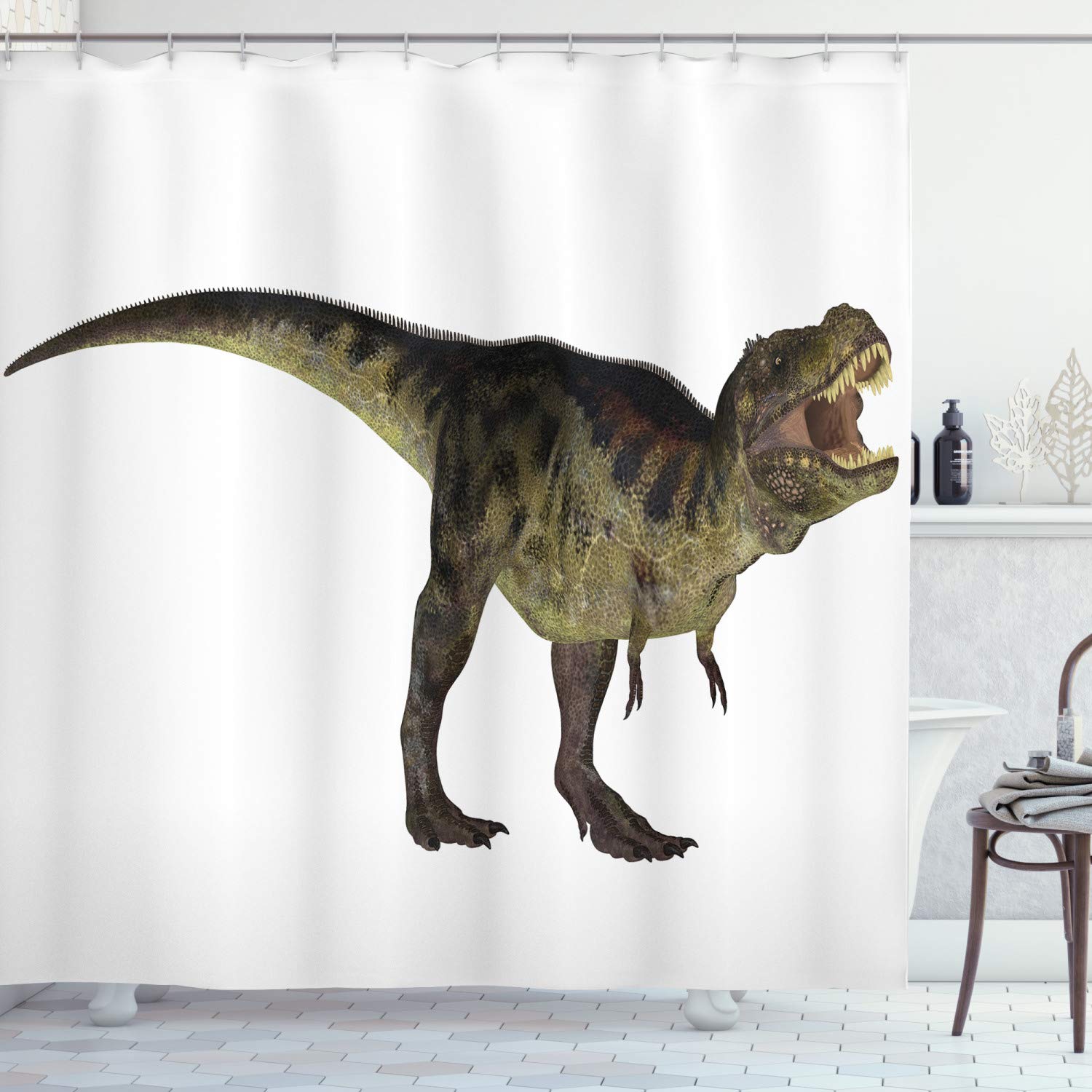 ABAKUHAUS Dinosaur Shower Curtain, Tyrannosaurus Dinosaur Illustration Prehistoric Nature Wildlife Reptilian, Cloth Fabric Bathroom Decor Set with Hooks, 86 Inches Extra Long, Army Green Black โ image 1