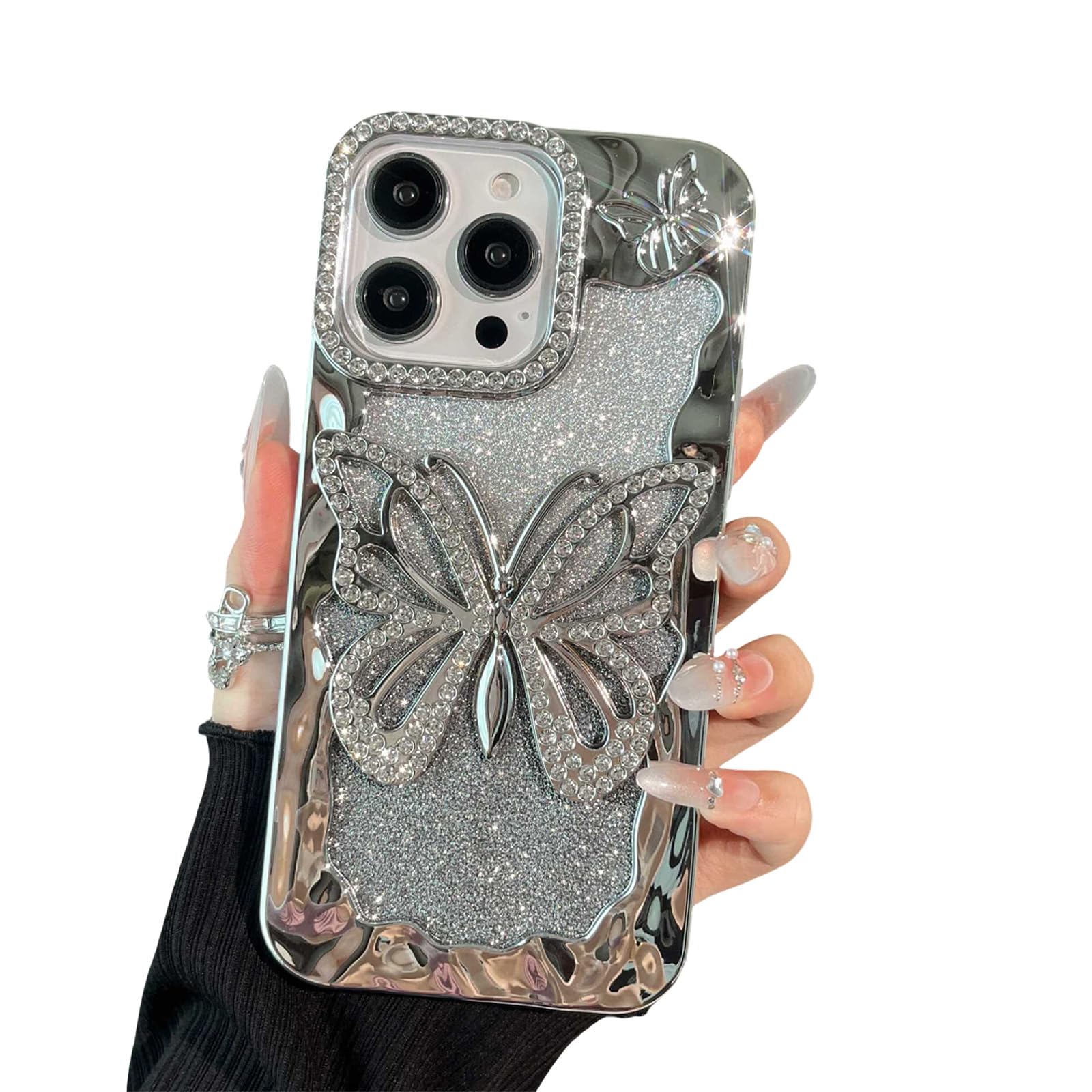 UMICASE for iPhone Case,Electroplate Luxury Hollow Glitter Rhinestone Big Butterfly Three-Dimensional Soft Shockproof Phone Case (Silver,iPhone 16)