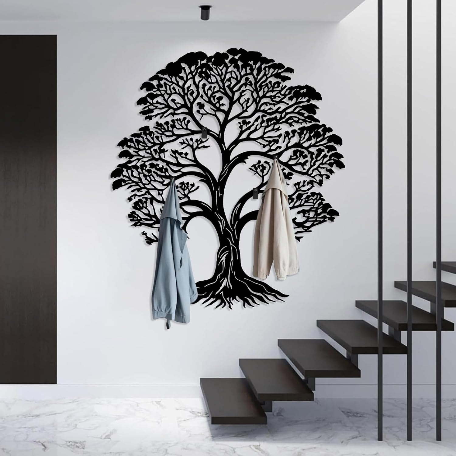 Large Tree Coat Rack, Tree of Life Wall Mount, Nature Trees Wall Mount, Modern Hat Rack Wall Hanging, Keys Holder, Clothes Hook, Home Decor (Black, 17"x19"|42x47cm)