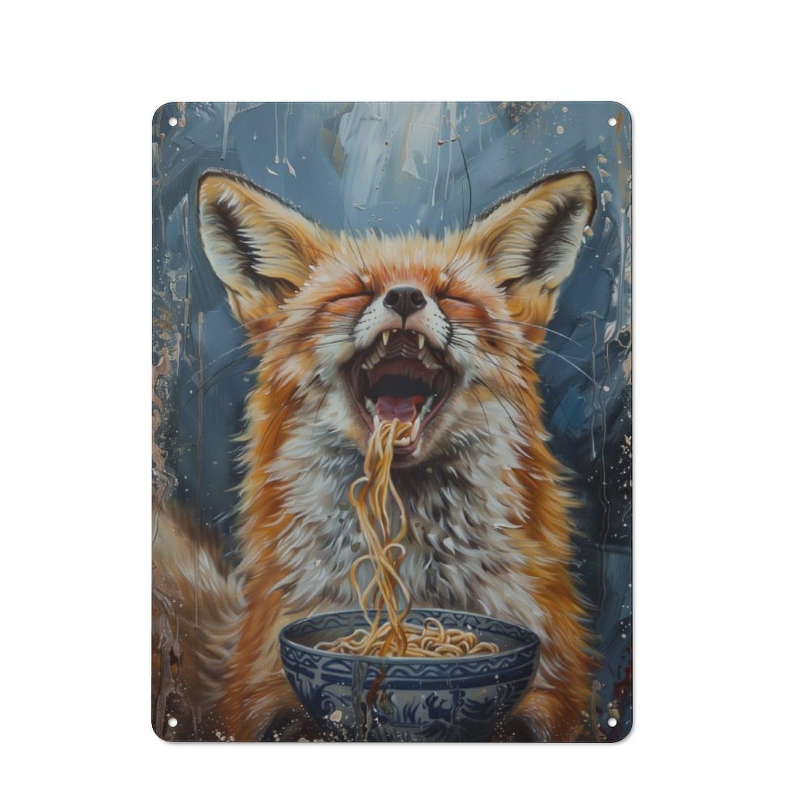 Junmoney Fox Eating Ramen Noodles Modern Vintage Office Metal Sign 40X30cm, Creative Space Decor For Home Office, Reading Corner Or Bedroom