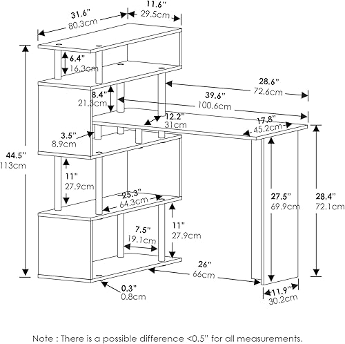 Miniatura 75 de Furinno Abbott - Escritorio para computadora en forma de L con estantería de tubos de acero inoxidable, americano/cromado 2-Roble