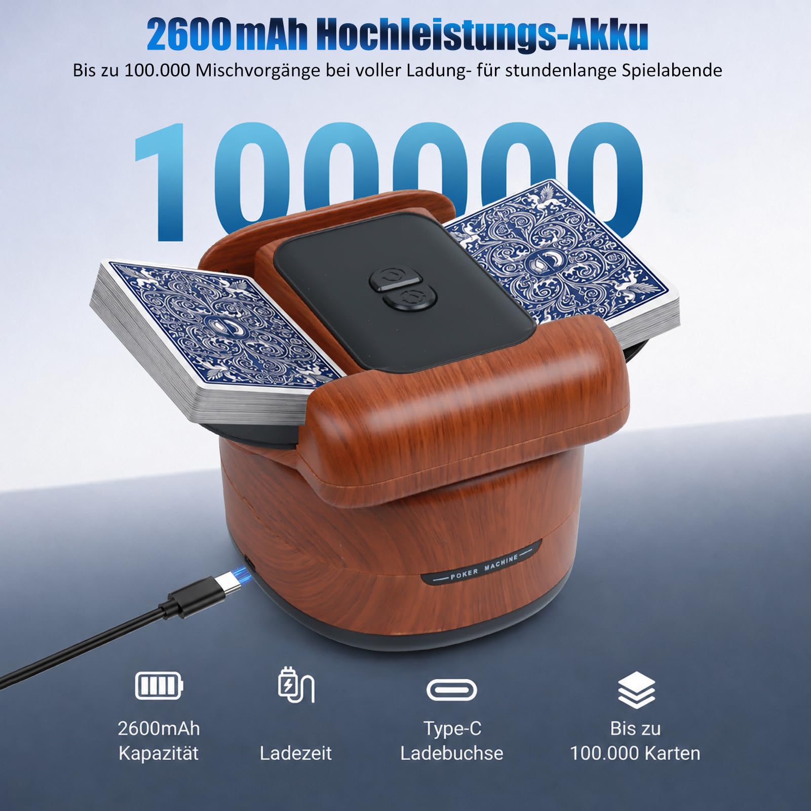 Miscelatore elettrico per 1-4 mazzi, mixer per carte ricaricabile tramite USB, batteria da 2600 mAh, modalità automatica e manuale, dispositivo di miscelazione per carte da poker, UNO, Skip BO