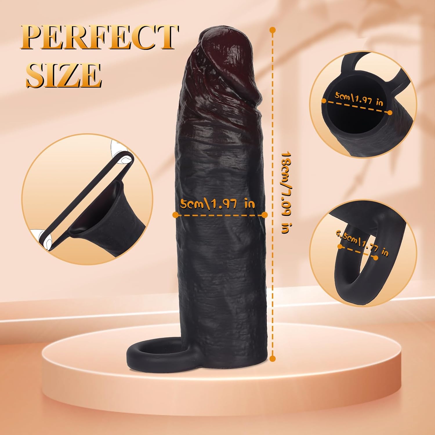 Realistic Penis Sleeve Extension for Men, Brown Silicone Cock Sleeve with Thickened Testicle Ring, Reusable 7'' Penis Enlarger Delay Ejaculation Enhance Erection Sex Toys for Couples