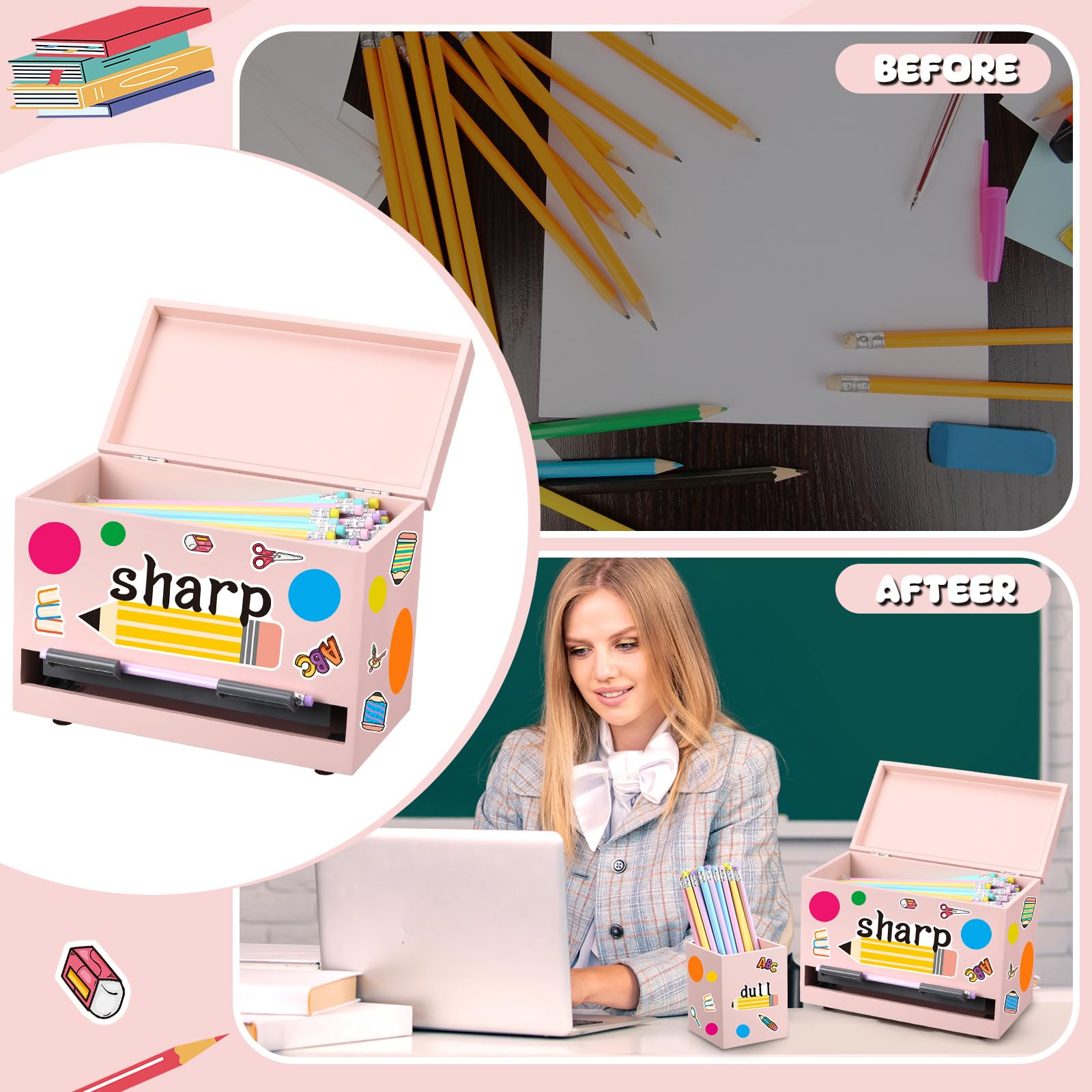 Watersay 107-teiliges Holz-Bleistiftspender-Set für Klassenzimmer, scharfer und stumpfer Stifthalter, 50 Bleistifte, 50 Spitzer, 5 Aufkleber, Klassenzimmer, Lehrer, Muss für Schulanfang (Hellrosa)