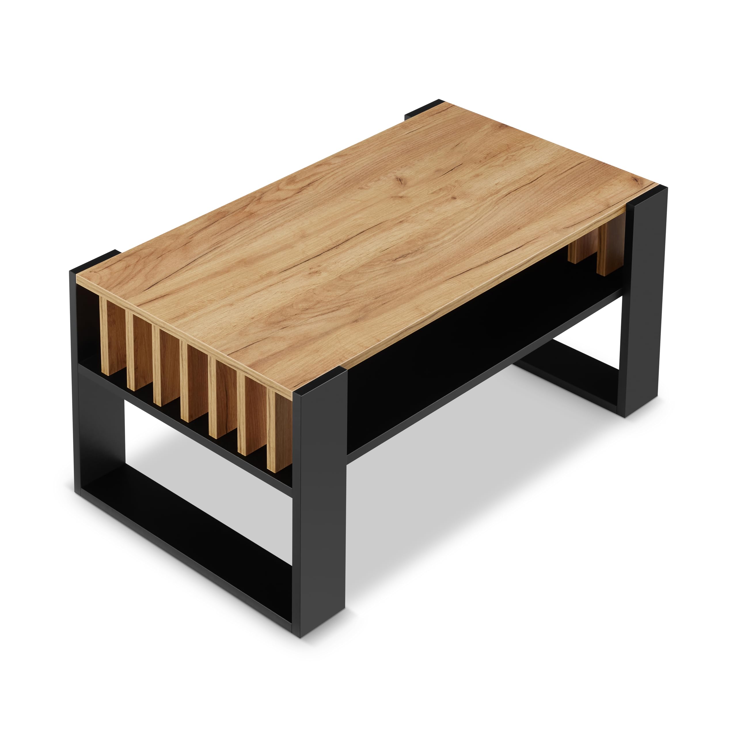 defiPad® Nowoczesny stolik kawowy z lammelami, szerokość 92 cm, duży stół do salonu, dąb | lity i stabilny | kolor czarny