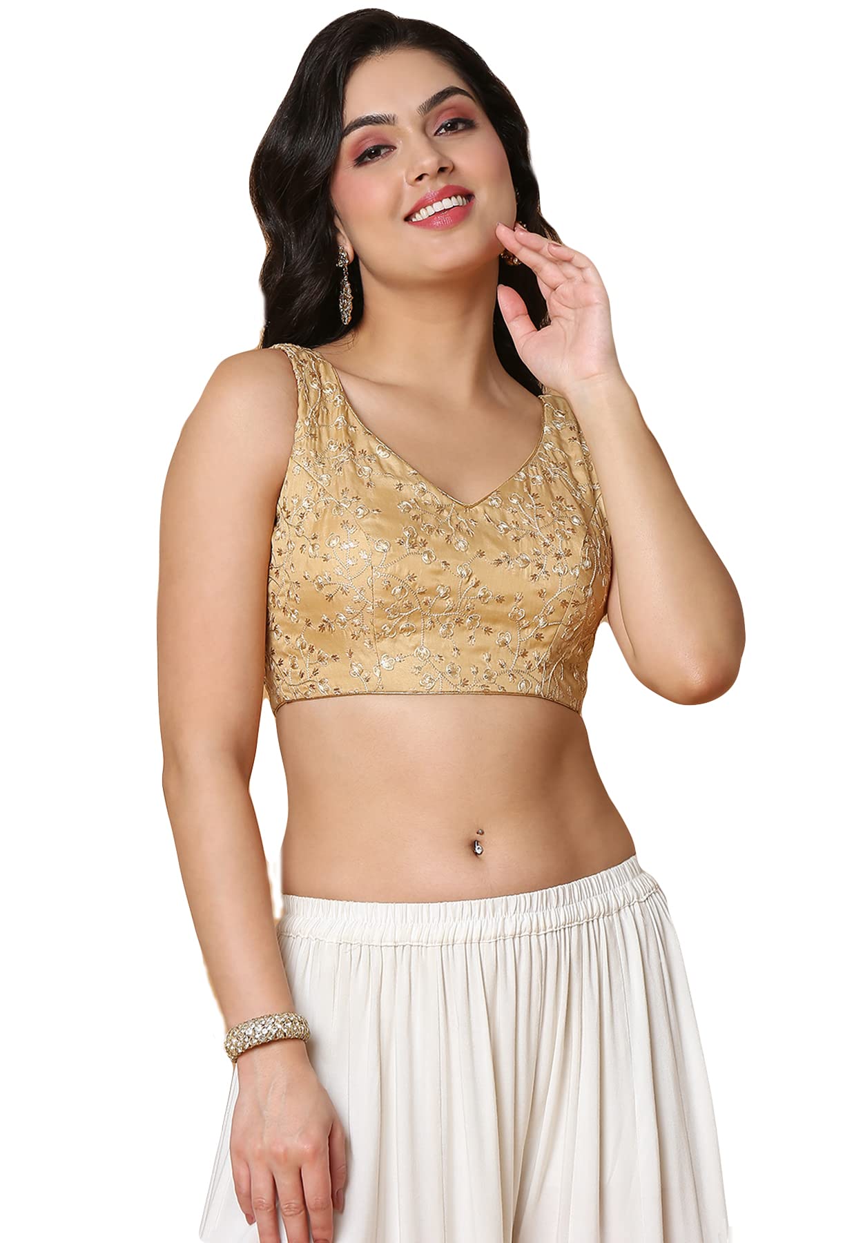 S SALWAR STUDIO Women's Gold Mulbury Silk Readymade Saree Blouse-SSB4532-GOLD