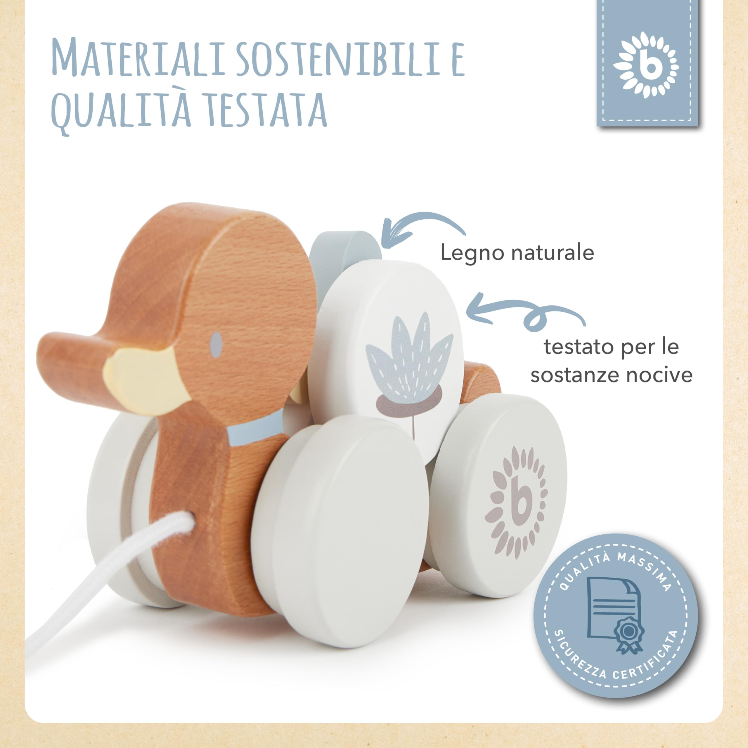 Bieco Anatra in Legno da Tirare | Giocattolo Trainabile per Bambini da 1 Anno | Animale da Traino