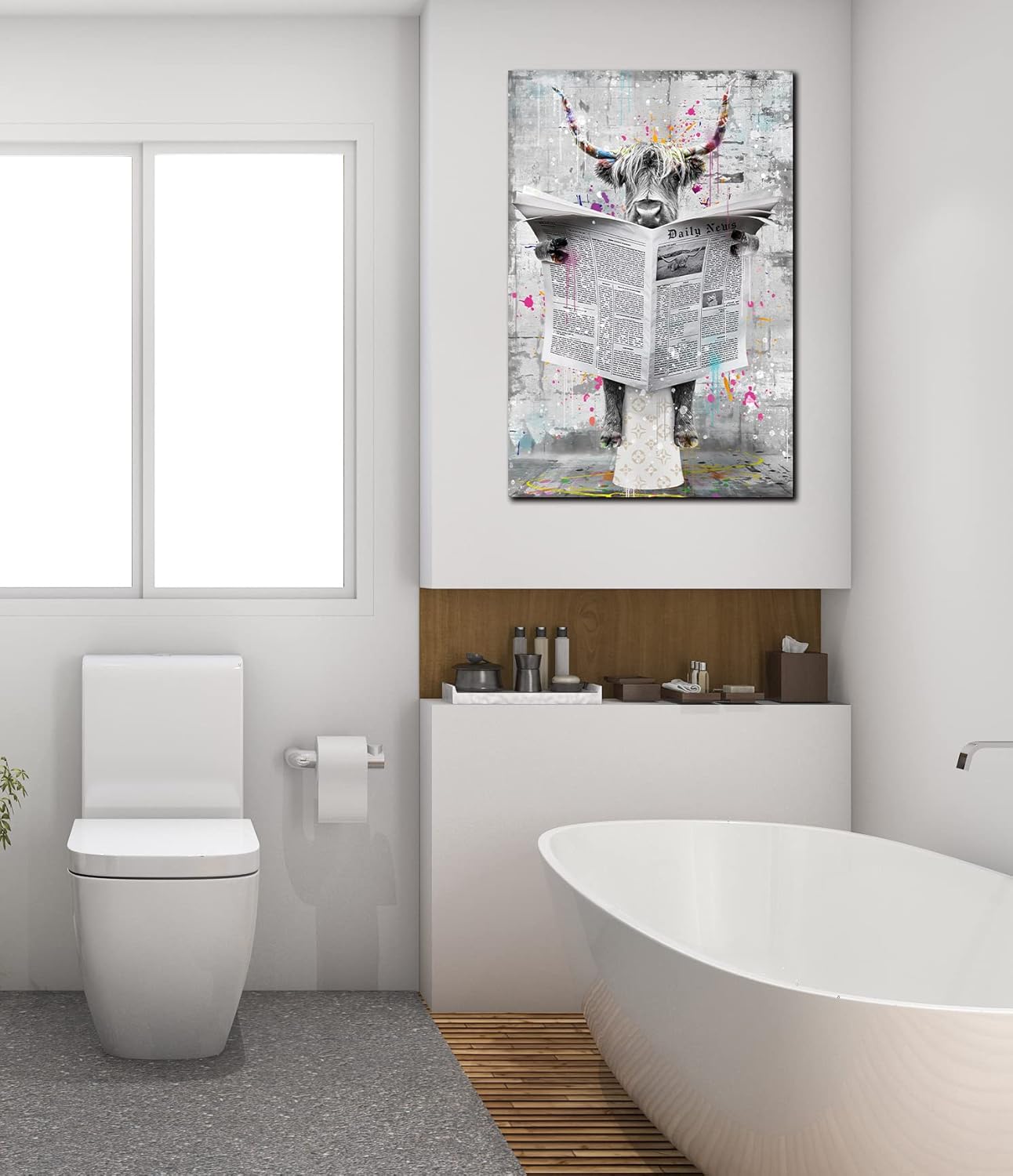 GUGIKA Highland Cow Wall Art for Bathroom, Funny Graffiti Cattle Living Room Wall Decor, Black and White Bedroom Canvas Print, Size 16x24 Inches