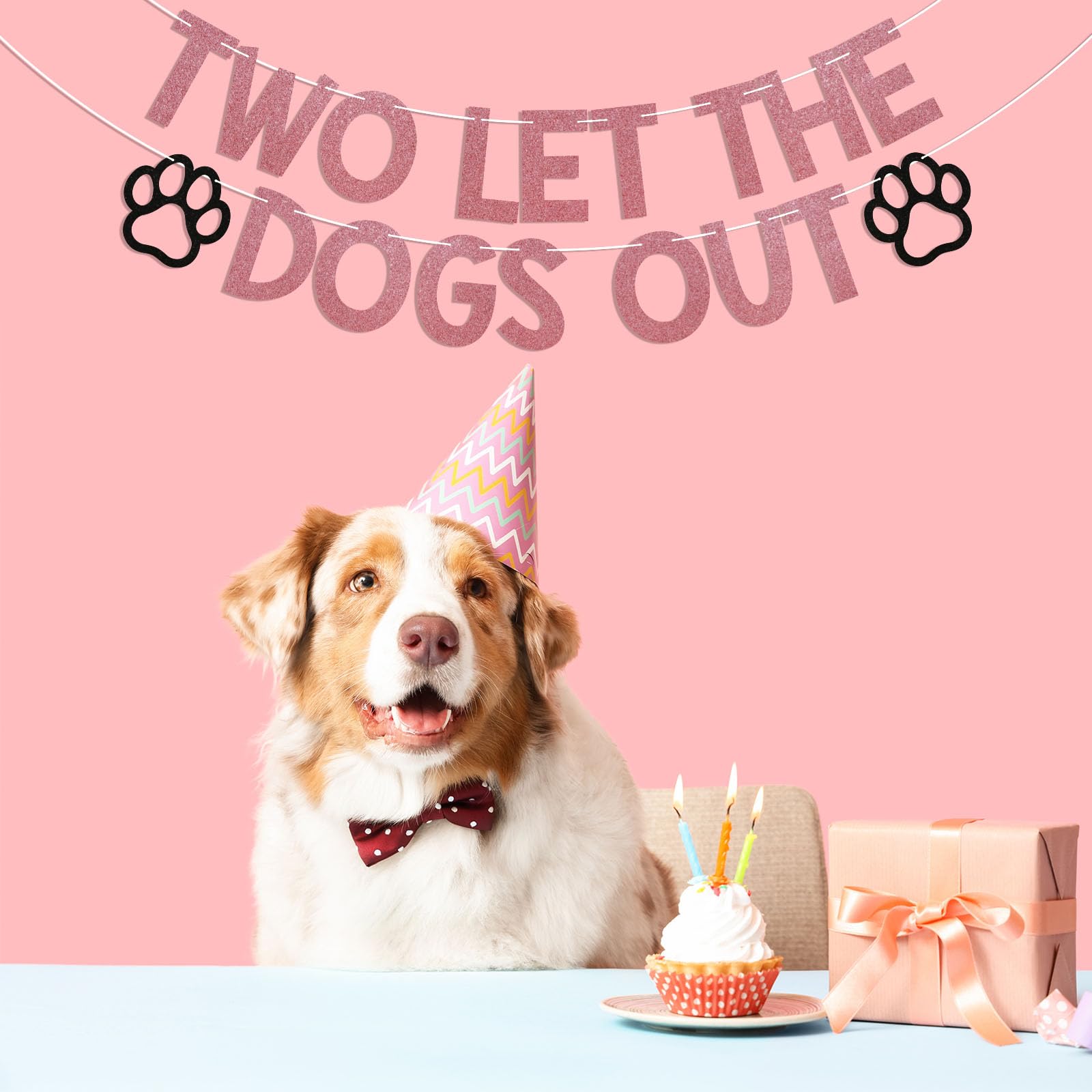 Bad Two The Bone Dog Birthday Banner - Rose Gold Glitter Puppy 2nd Birthday Party Decorations Pre-Assembled