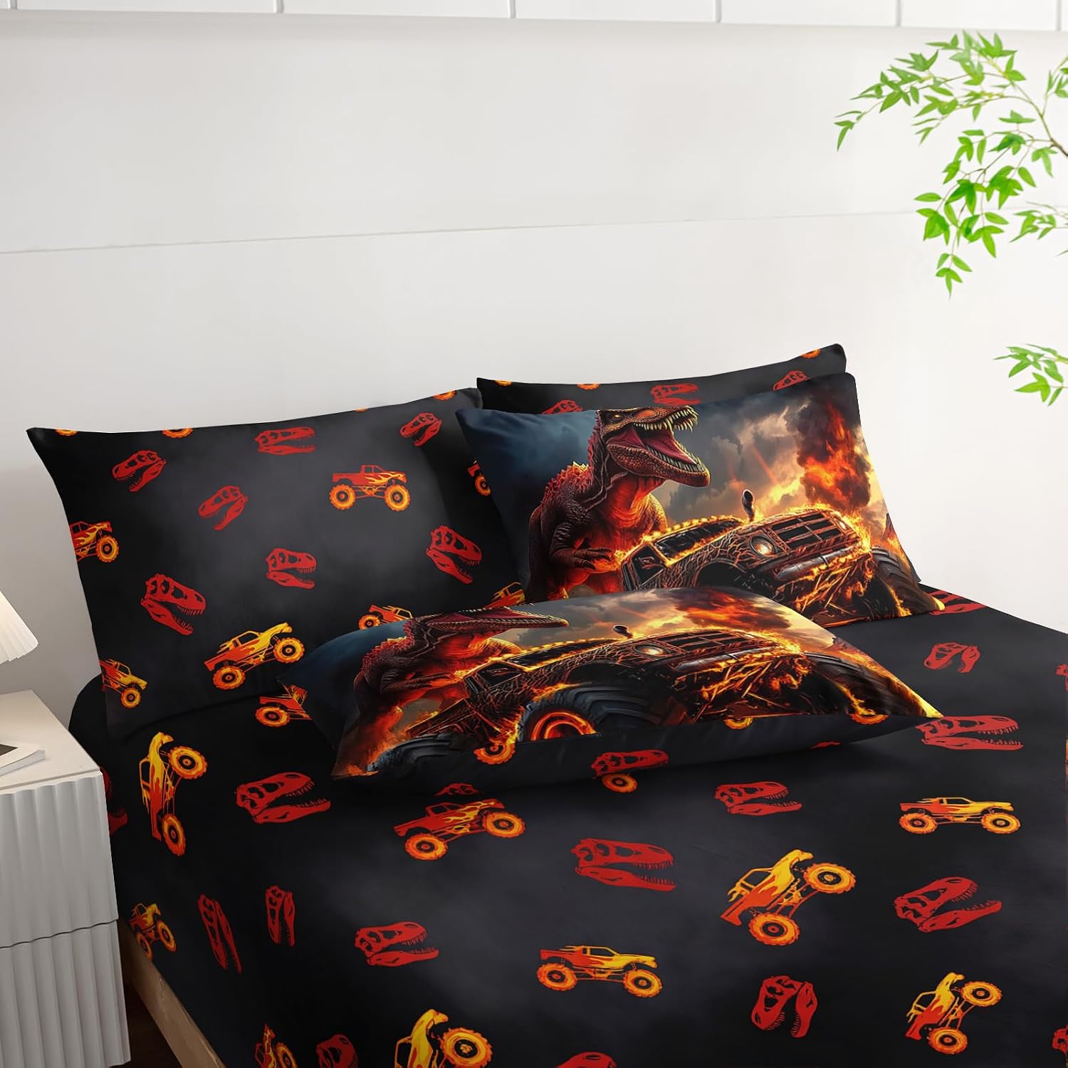 AILONEN Dinosaur Monster Truck Bed in a Bag Queen Size Boys Fire T-Rex Comforter Set Kids Bedroom Decor Reversible 7 Piece Truck Racing Sheets and Pillowcases