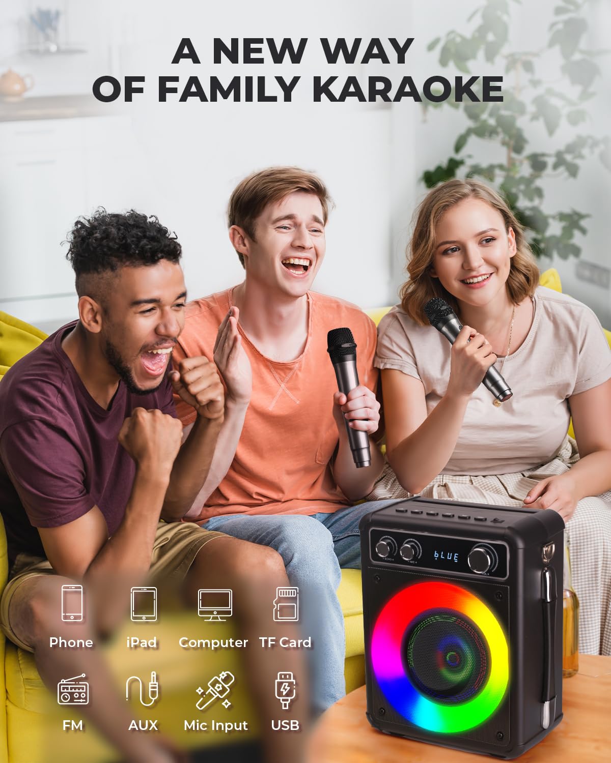 BONAOK Machine Karaoké, Système Karaoké Bluetooth avec 2 Microphones, Machine Karaoké Rechargeable, Boîte à Musique avec Effet Lumineux, Support TF USB pour Soirée à Domicile