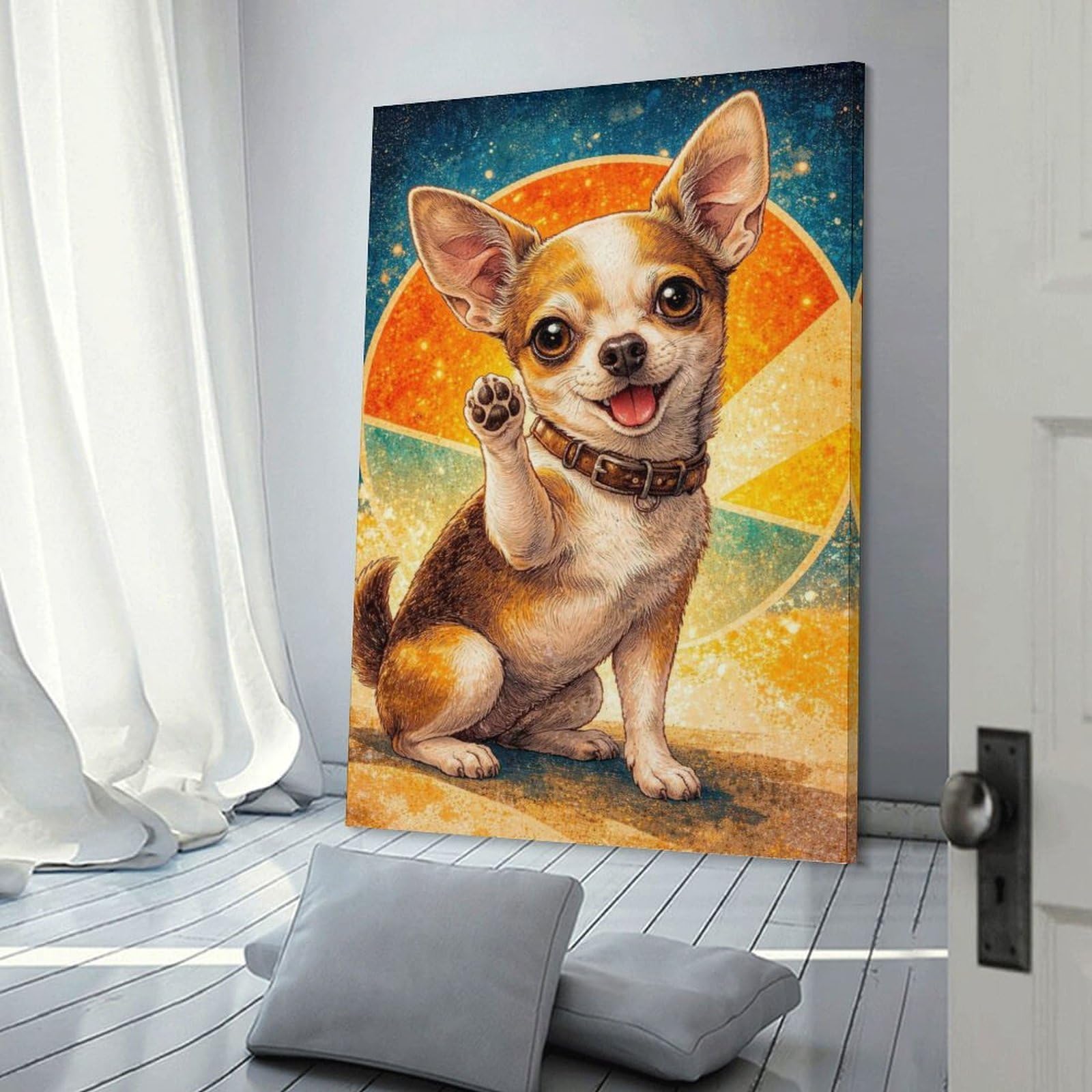 Junmoney Cute Chihuahua Waving Paw Canvas Art Print, 12x18inch(30x45cm), for Restful Interiors, Bedrooms Or Small Rooms, A Warm Accent for Relaxed Interiors