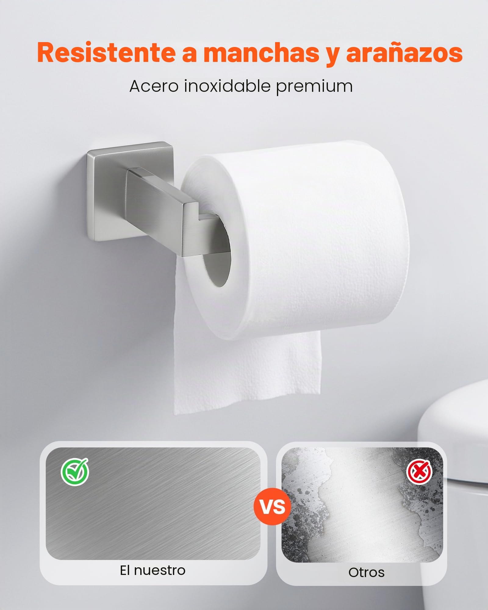 VEVOR Juego de Accesorios de Baño, Acero Inoxidable 304, con Toallero y Toallero Anillo Cuadrado, 2 Ganchos y Portarrollos de Papel Higiénico, para Baño, en Pared, 598 x 50 x 80 mm, Plata, 5 uds