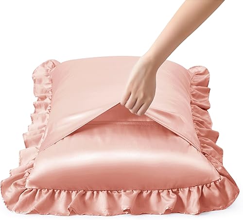 Vista 78 de Fundas de almohada de satén negro con volantes para cabello y piel, juego estándar de 2 fundas de almohada de seda negra con cierre de sobre