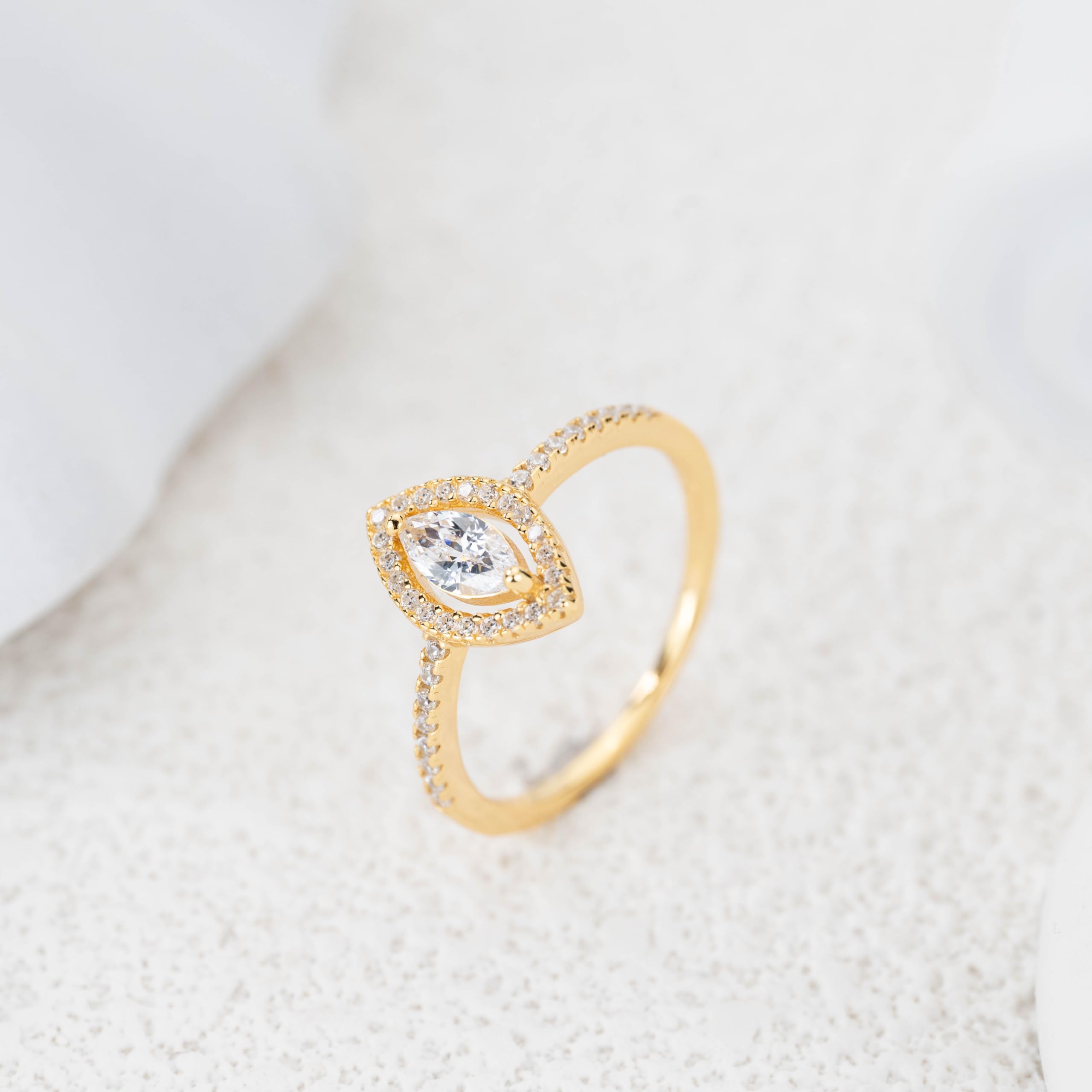 Sterling Silver Minimal Marquise Halo Ring, Solitaire Engagement - 6