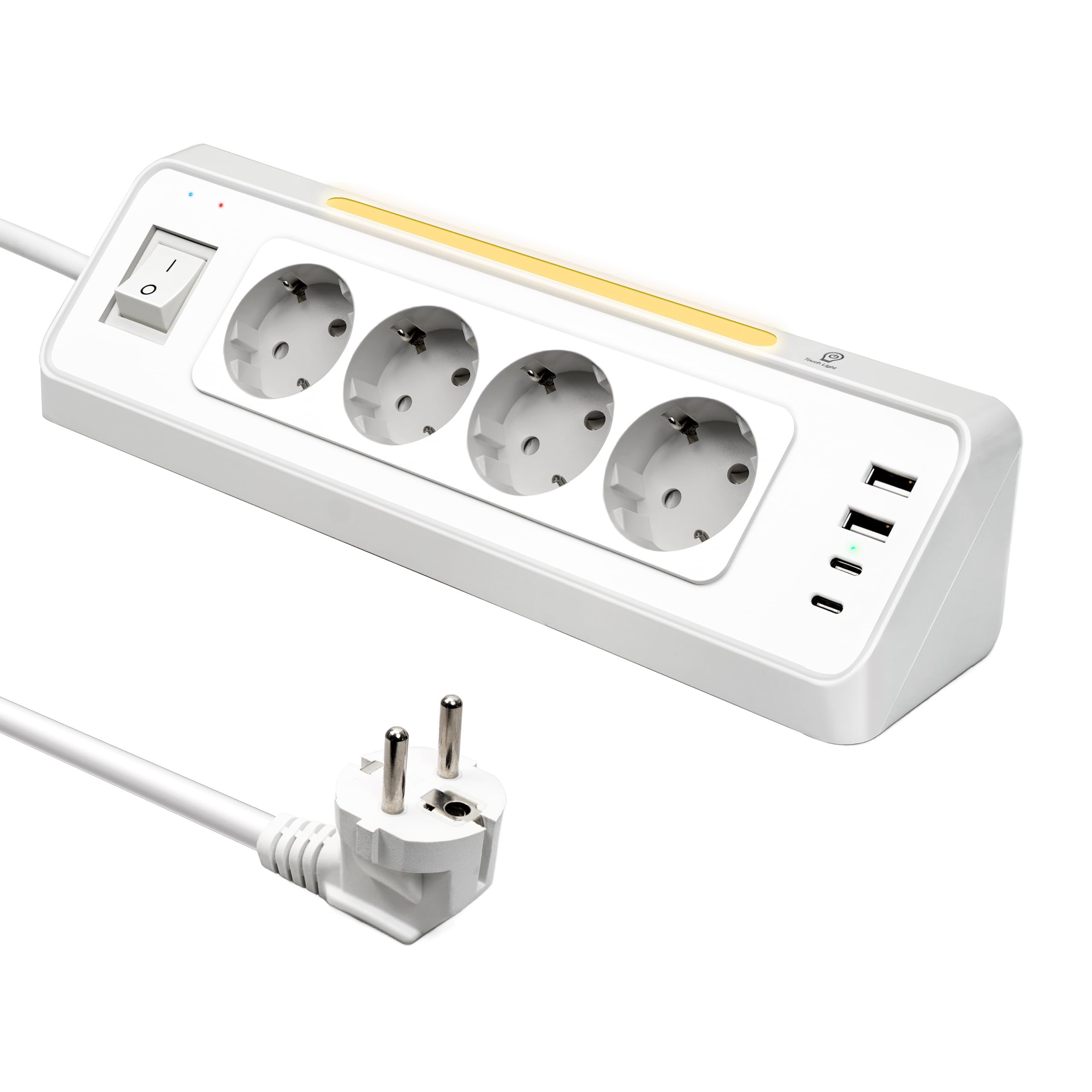 Ecksteckdose Küche, 4 Fach Mehrfachsteckdose mit 2 USB & 2 Type-C, 3680W/16A Ecksteckdose mit LED, Überspannungsschutz, platzsparend für Haushalt, Büro, Küche wandmontierbar, 2M Kabel