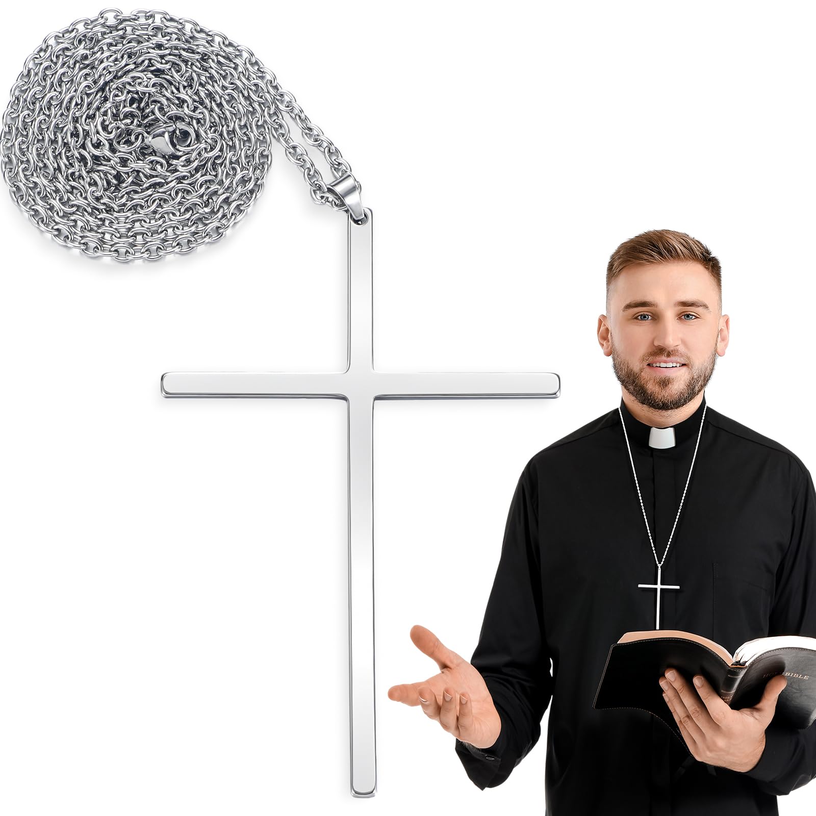 Kigeli 6 Pcs 3.5'' Pectoral Clergy Cross with 32'' Chain Alloy Priest Christian Cross Pendant Halloween Jewelry for Men Woman