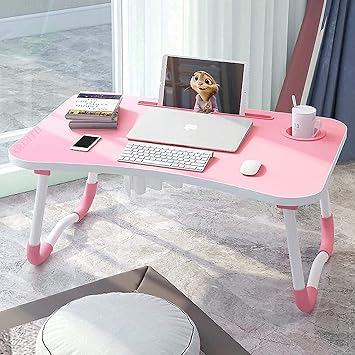 White Stone Foldable Bed Study Table Portable Multifunction LaptopTable Lapdesk for Children Bed Foldabe Table Work Office Home with Tablet Slot & Cup Holder Bed Study Table Brown Coloured-> (Pink)