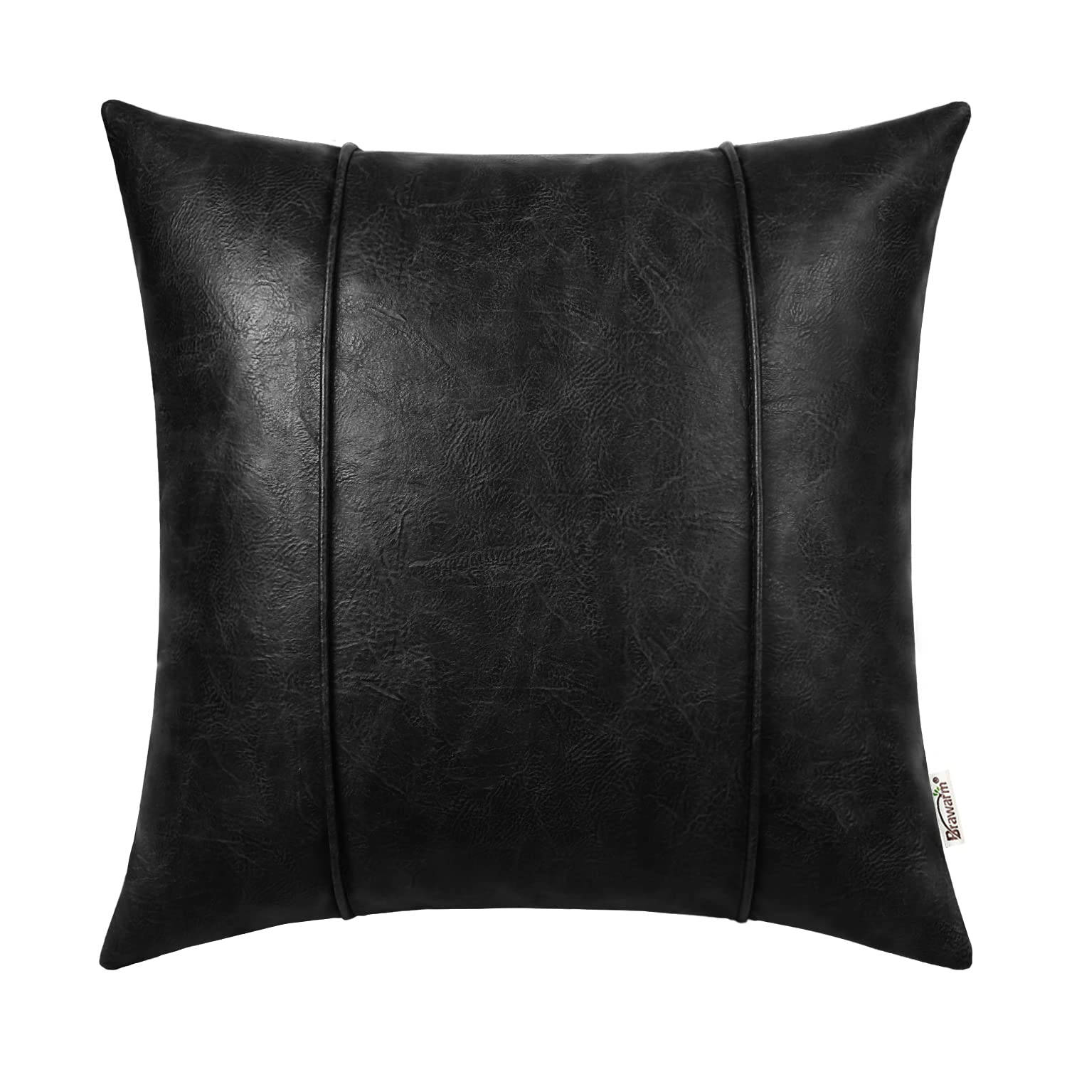 BRAWARM Black Leather Throw Pillow Covers 16 X 16 Inches - Faux Leather Pillow Cover with Piping, Hand Stitched Faux Leather Throw Pillow for Couch