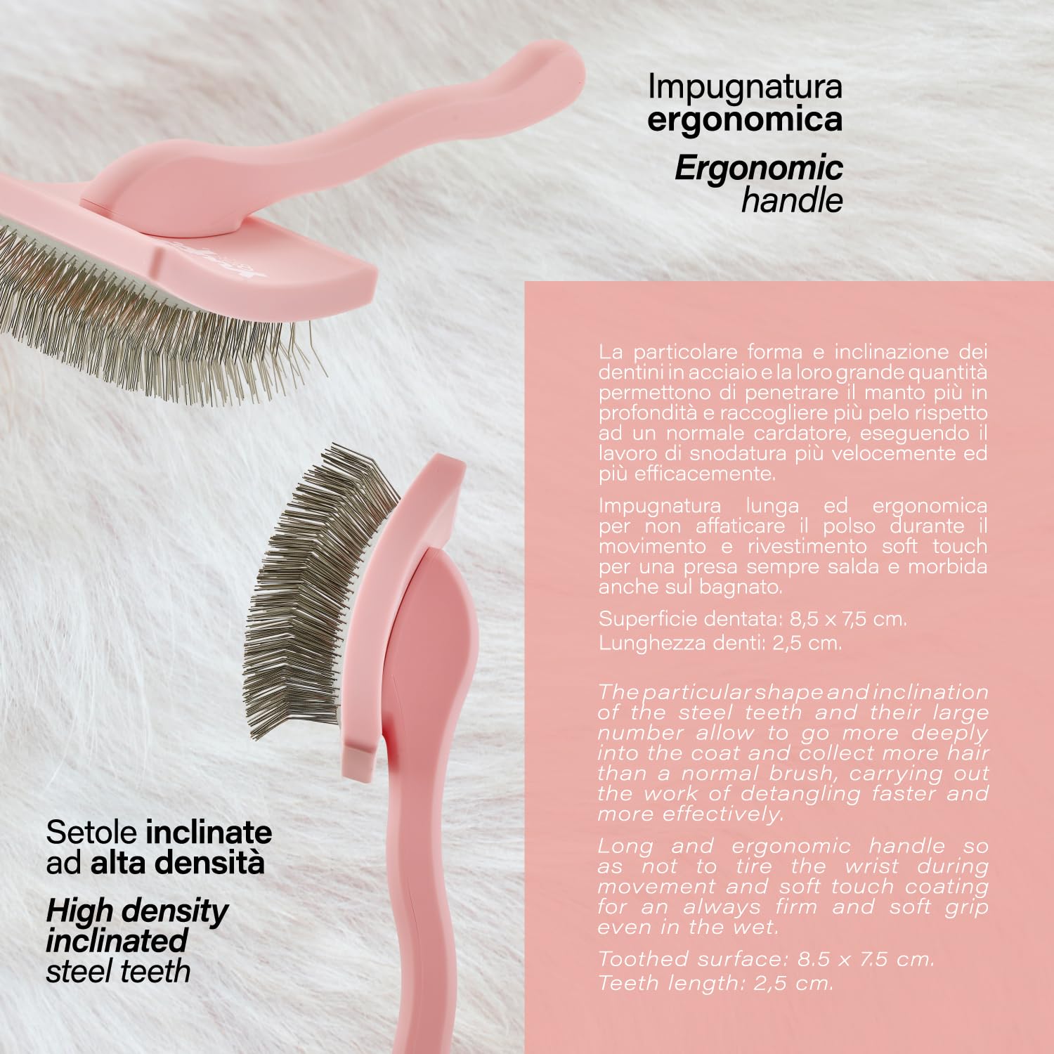 YUUP! - PINKBRUSH Cardatore professionale a denti lunghi e ad alta densità, Spazzola per cani e gatti, accessori per toelettatura cane e gatto