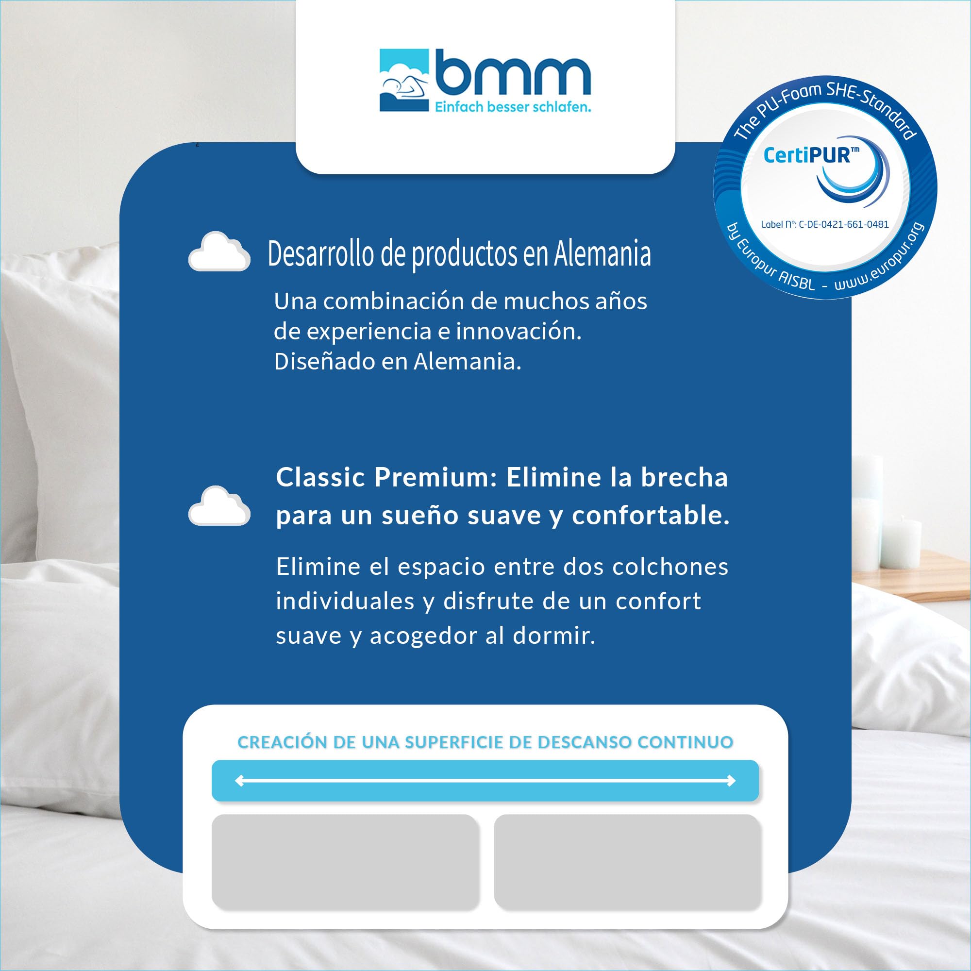 BMM Topper 100x200 cm Classic Premium, Grado de Firmeza H2 Suave, Cubrecolchón de Espuma Fría, Certificado Öko-Tex, Ortopédico, Altura 6 cm, Producido en Alemania