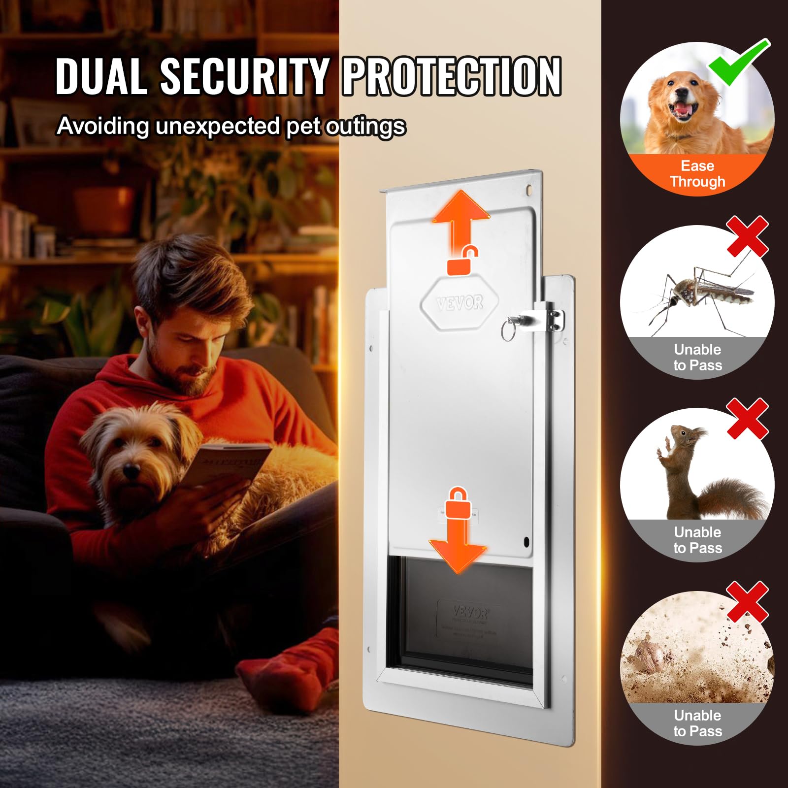 VEVOR Porta per Animali Domestici, Telaio in Metallo 362 x 536 mm con Serratura e Sistema a 3 Alette, Porta Resistente alle Intemperie, Porta Animali Domestici Adatta per Gatti Cani, Bianco (L)