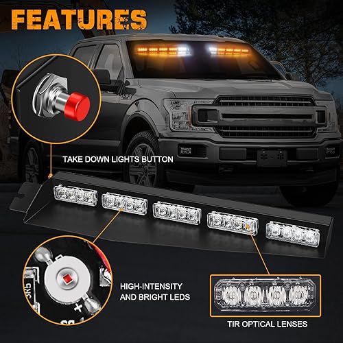 Miniatura 3 de XRIDONSEN Barra de luces de emergencia para visera, luces estroboscópicas interiores para parabrisas, 40 luces LED ámbar intermitentes con cubierta