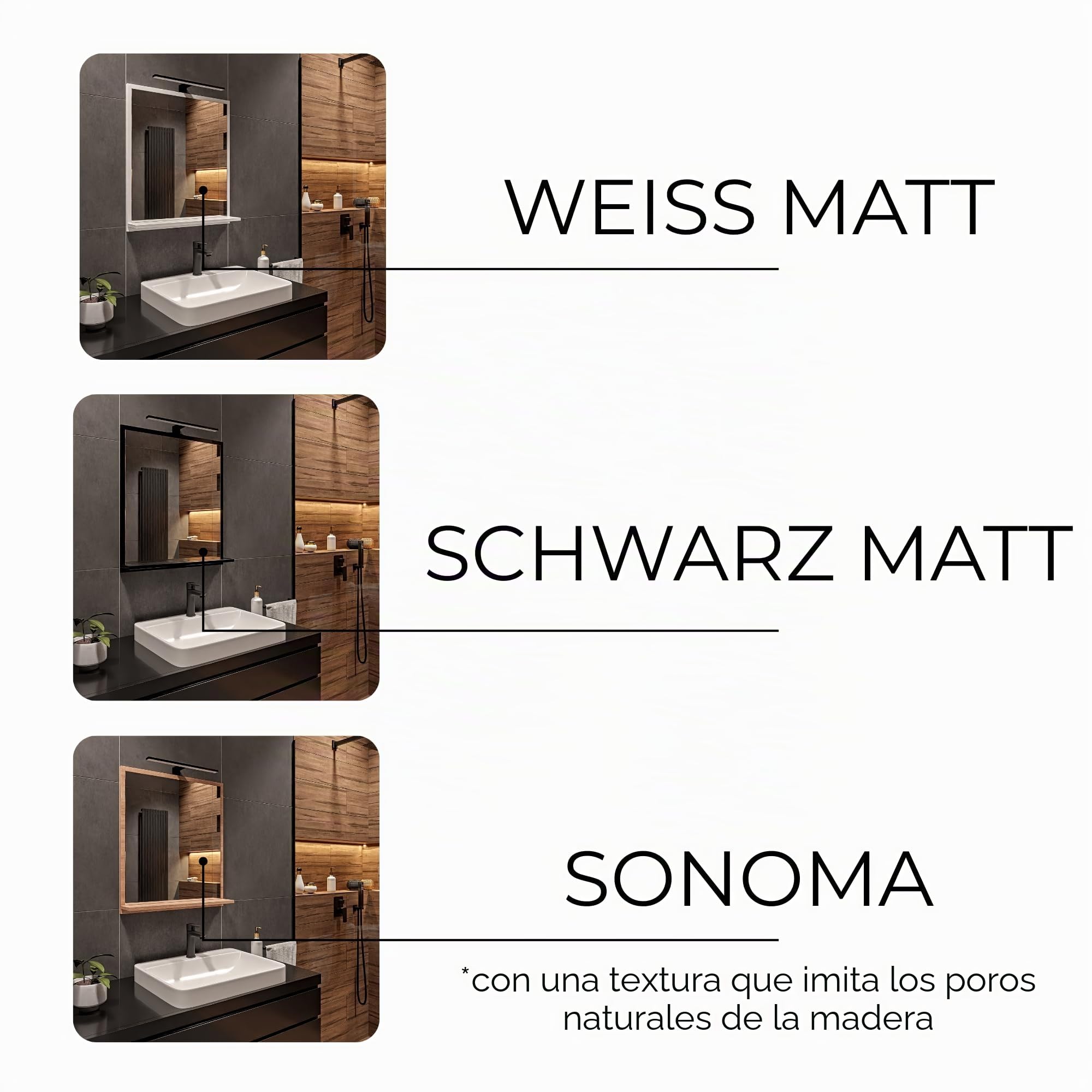 Espejo de Baño con Luz LED 60x70 cm Blanco Espejo de Pared con Estante Luz Neutra 4000K Carcasa Negra