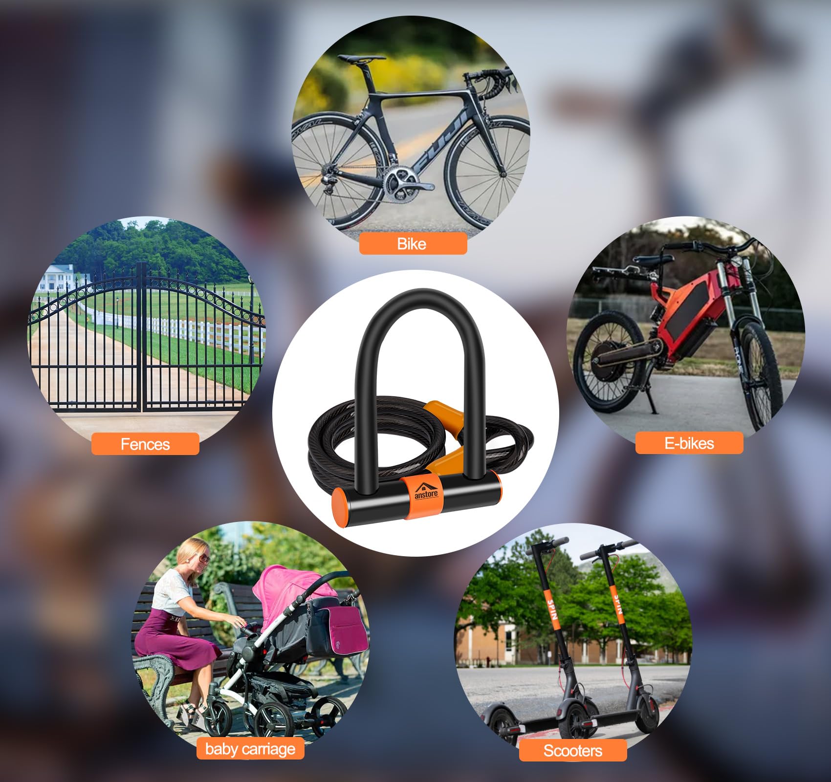 Candado U,Anstore Candado para Bicicleta con Cable, Candado en U con 2 llaves para Bicicleta de Carretera, Bicicleta de Montaña, Bicicleta