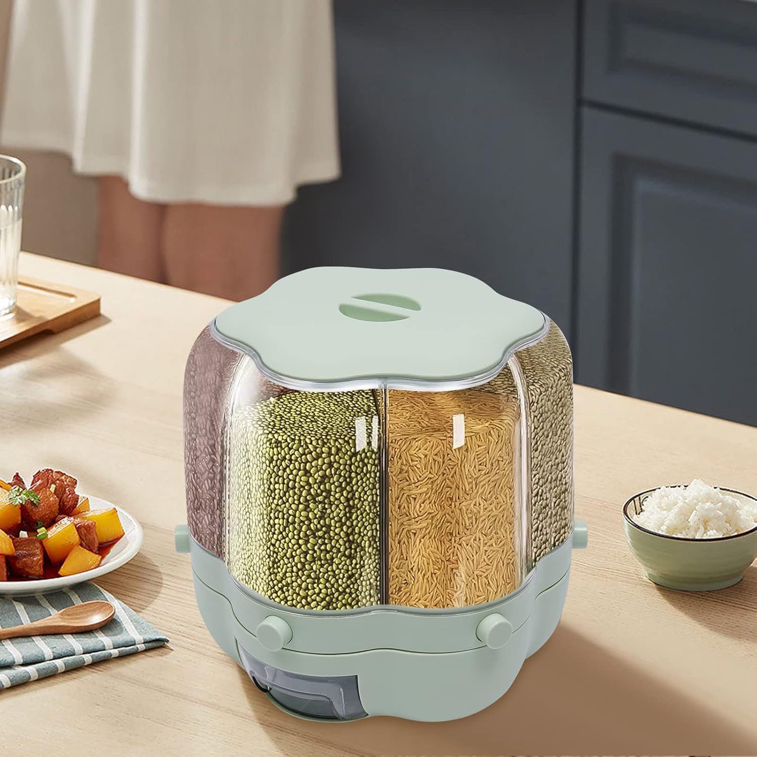 Grain Dispenser, Cereal Rice Container Storage, Upgrade 6 Compartment 360° Rotating Food Dispenser with Lid Household for All Beans, Barley, Millet (L-17.63lbs-Matcha)