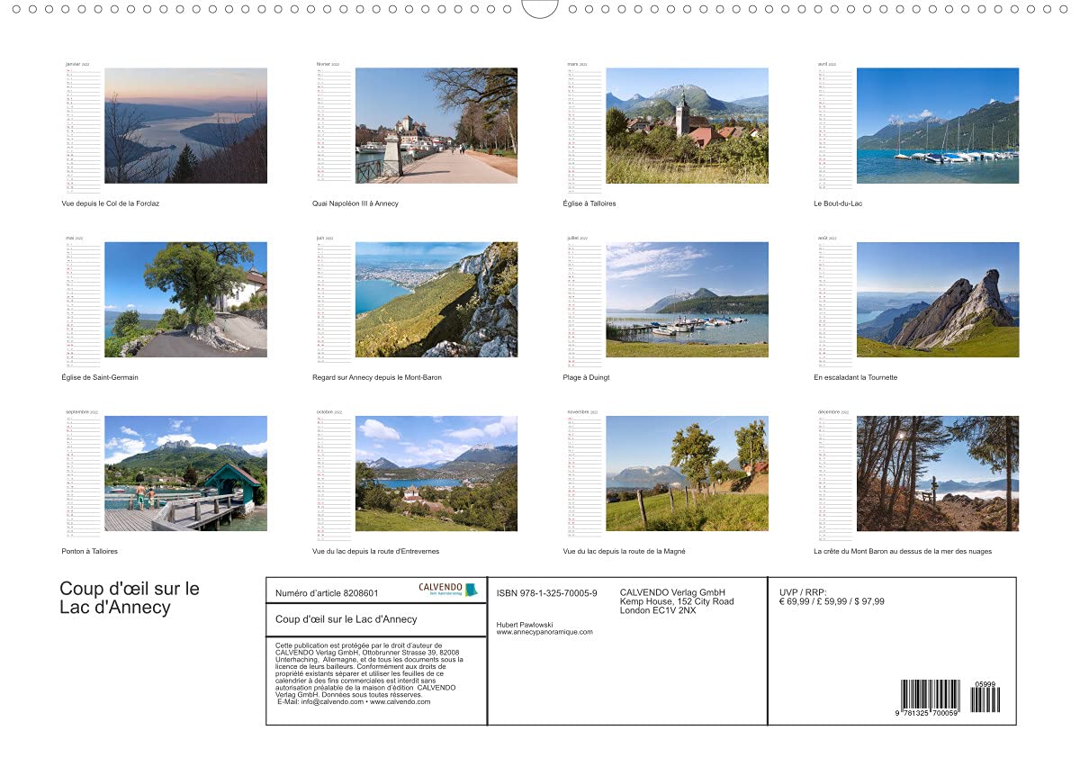 Coup d'oeil sur le Lac d'Annecy (Premium, hochwertiger DIN A2 Wandkalender 2022, Kunstdruck in Hochglanz): Paysages superbes présentant un intérêt ... majeur. (Calendrier anniversaire, 14 Pages )