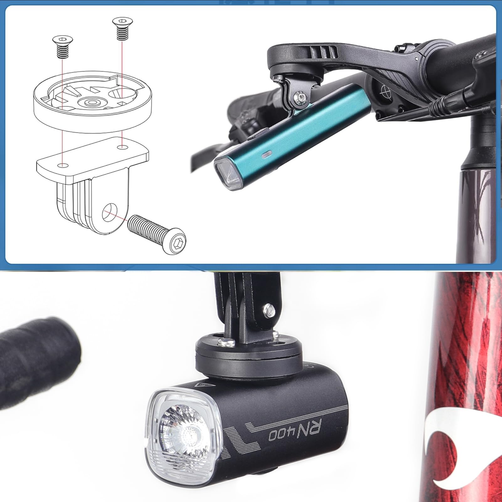 Soporte de Bicicleta para Garmin & Gopro, 2 Juegos Universal Combo Adaptador, Compatible con Computadora de Bicicleta Garmin Edge, Espaciado 20-22mm, Base Fija para Luz y Cámara, Color Negro