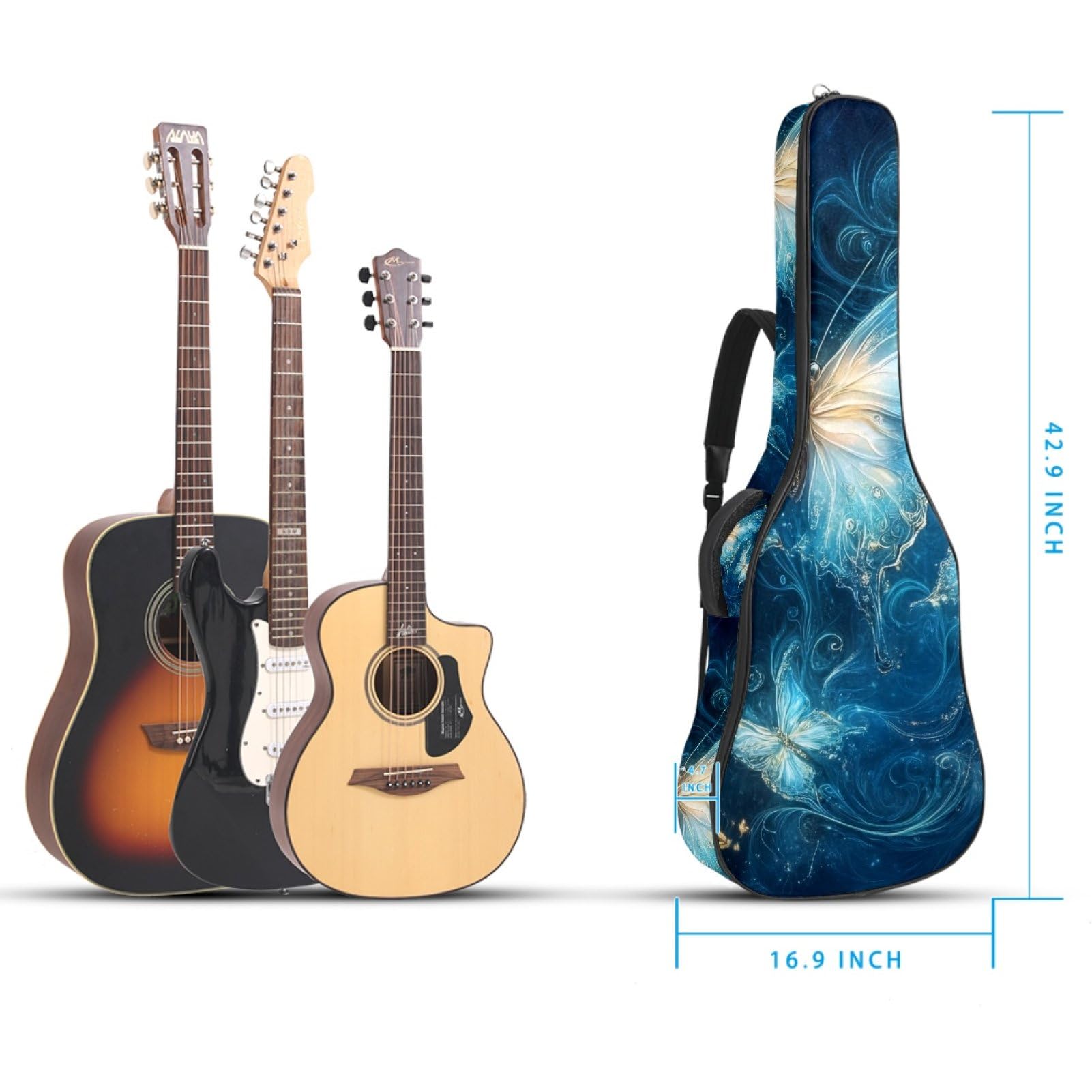 43 Zoll Akustikgitarre Softcase mit Rucksackgurt und 2 Taschen Blau Schmetterlinge Keine Polsterung Rucksack Wasserdicht Oxford Tuch Bassgitarre Gigbag für Konzertgitarre, mehrfarbig,