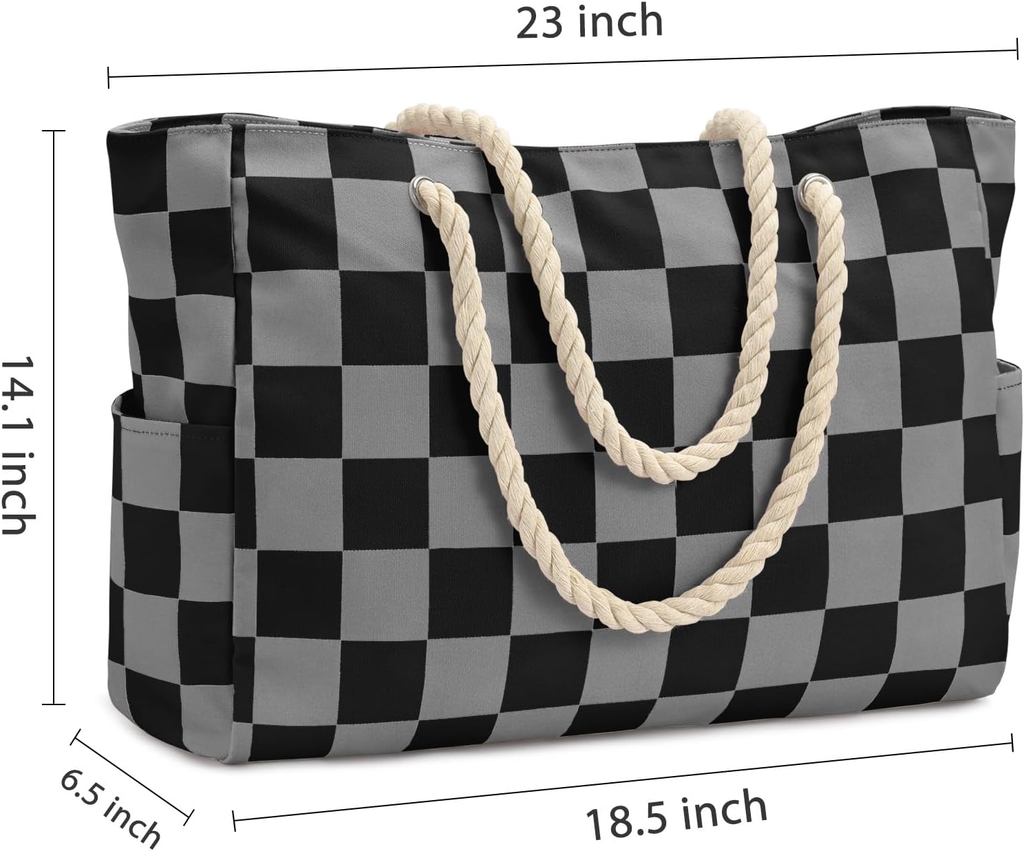 Becokan Beach Bags for Women Checkered Large Beach Tote Bag Zipper Beach Bags Waterproof Sandproof Canvas Swim Pool Bag - Image 6