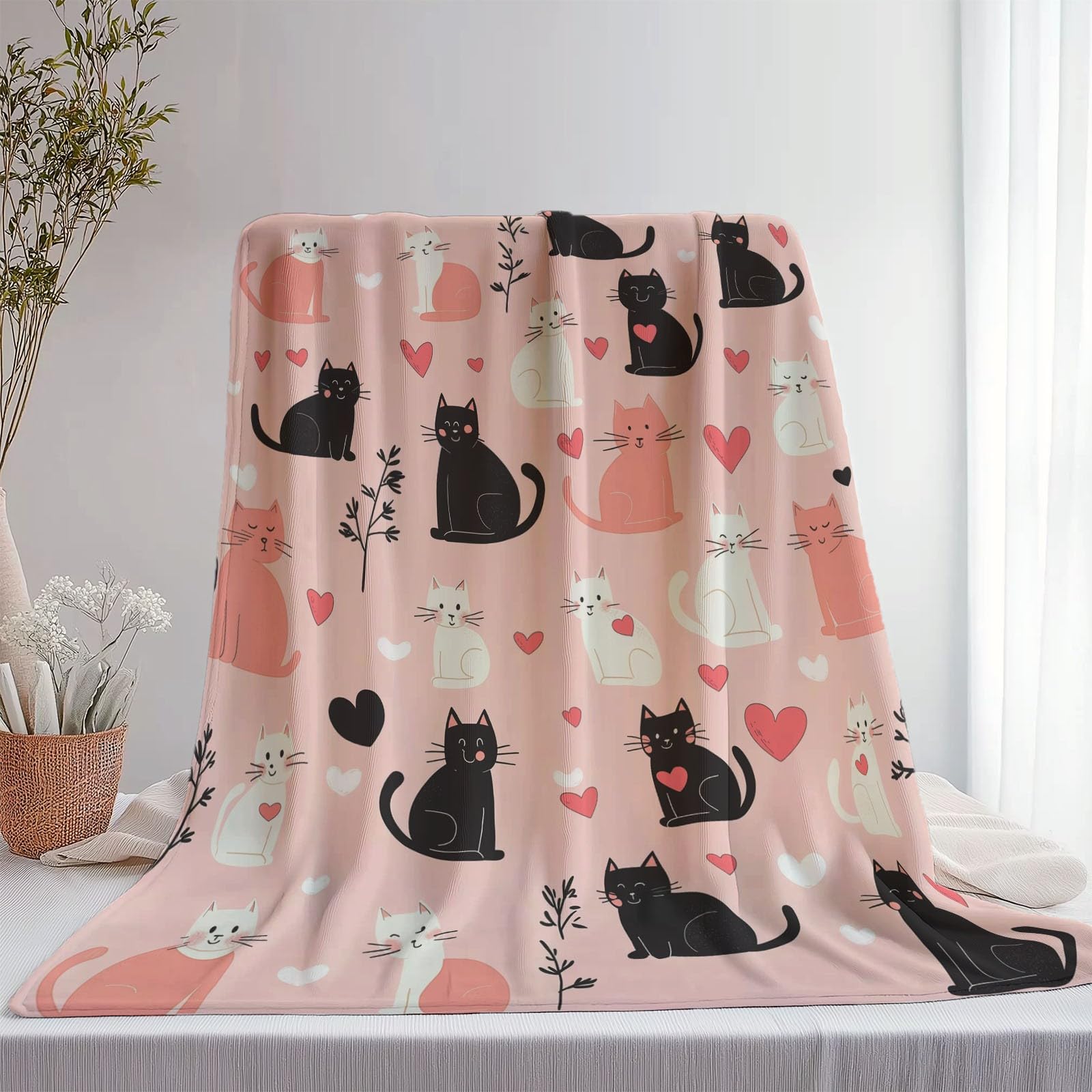 Kuscheldecke Flauschige, Einfache Katze Herzform Muster Decke, Weich & Warm Decke für Couch und Bett, Pflegeleichte Flauschige 180 x 220 cm, Rosa