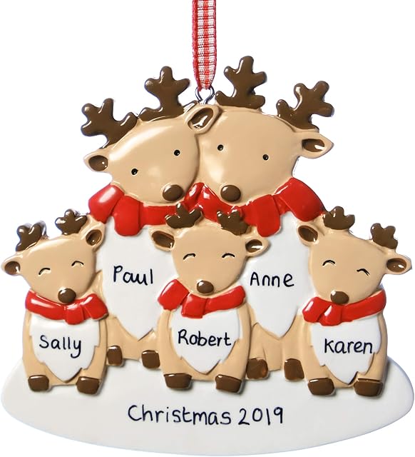 Personalised Christmas Reindeer Decoration Family of 5 Xmas Tree Hanging Bauble Ornament Plaque Keepsake 9.5cm x 9.5cm