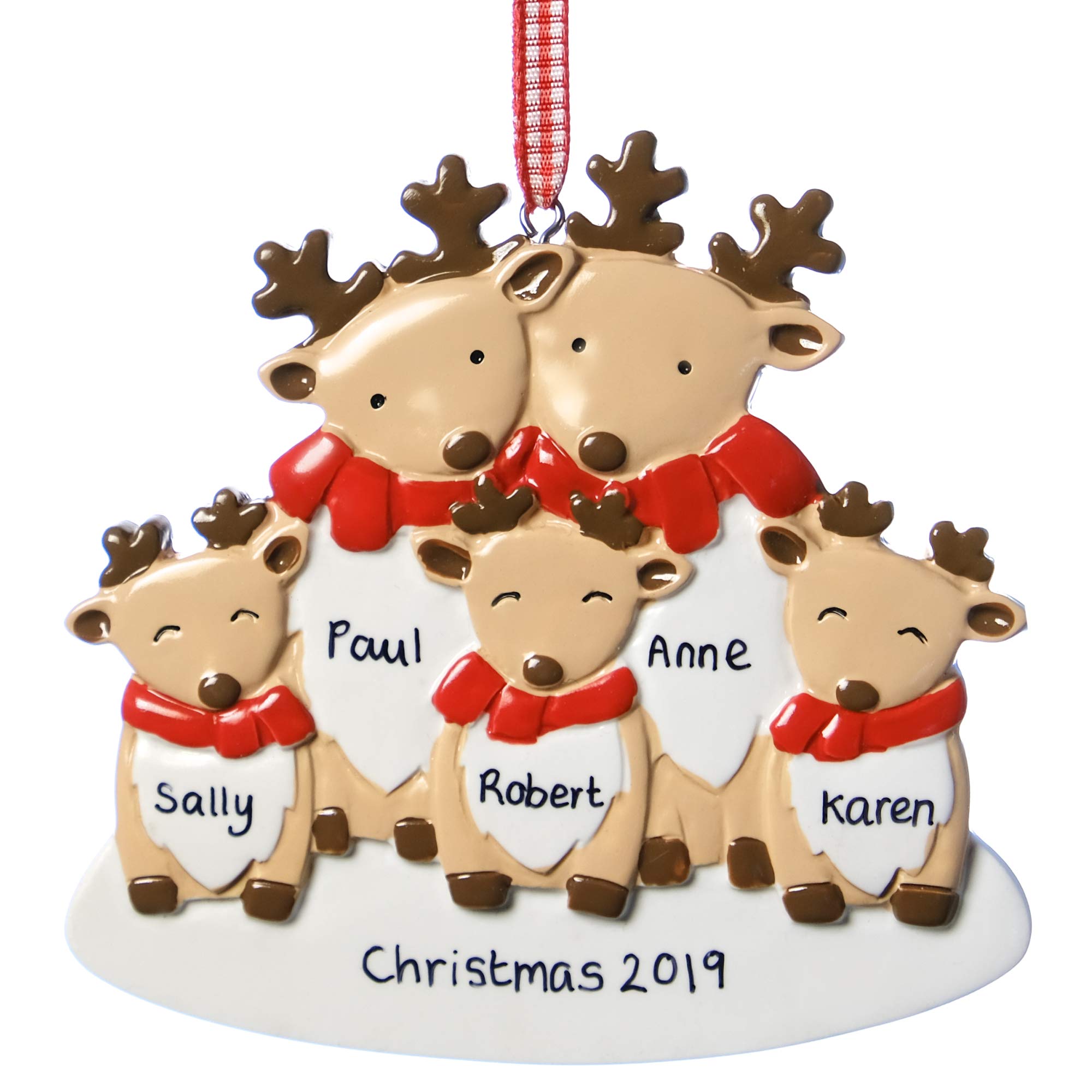 Personalised Christmas Reindeer Decoration Family of 5 Xmas Tree Hanging Bauble Ornament Plaque Keepsake 9.5cm x 9.5cm