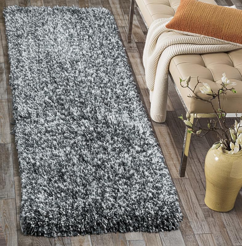 Image of FIASCO Tie Dye Shaggy Carpet Bedside Runner | 2 Inch Pile Height Back in Canvas for Bedroom, Kids Room, Guest Room Microfiber Soft Plush Fluffy Shaggy Carpet | 1.5x4 Feet Dark Grey Ivory Mix
