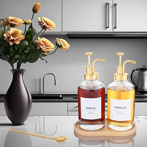 Miniatura 4 de Dispensador de jarabe de café para barra de café, dispensador de bomba de café, dispensador de jarabe de vidrio de 16.9 onzas, cuchara dorada, 36