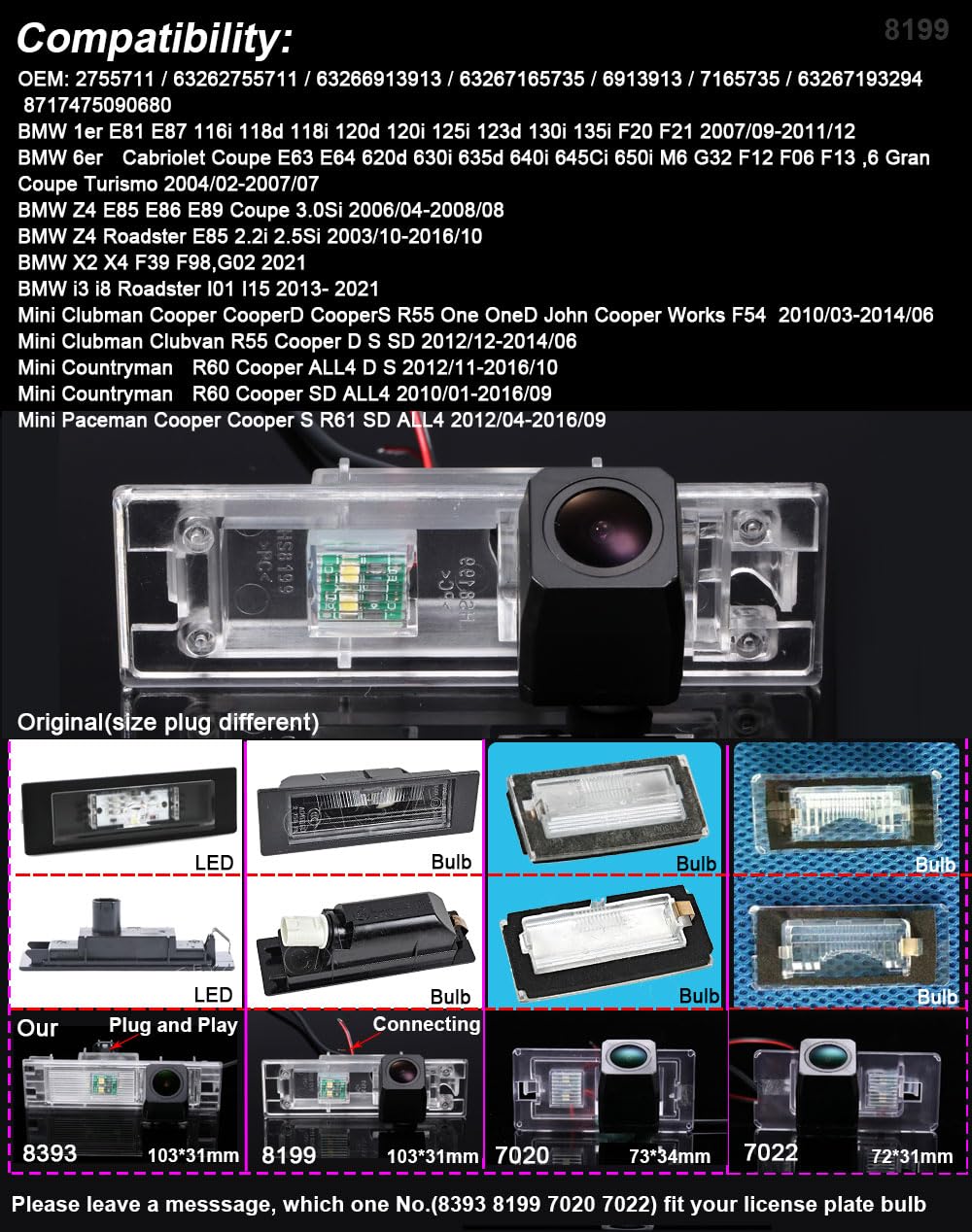 Kamera cofania 1280P Super HD z noktowizorem, zamiennik do BMW Mini Clubman Cooper CooperD CooperS R55 One OneD John Works F54/Clubvan R55 Cooper D S SD/Mini Countryman R60 / Mini Paceman Cooper S R61