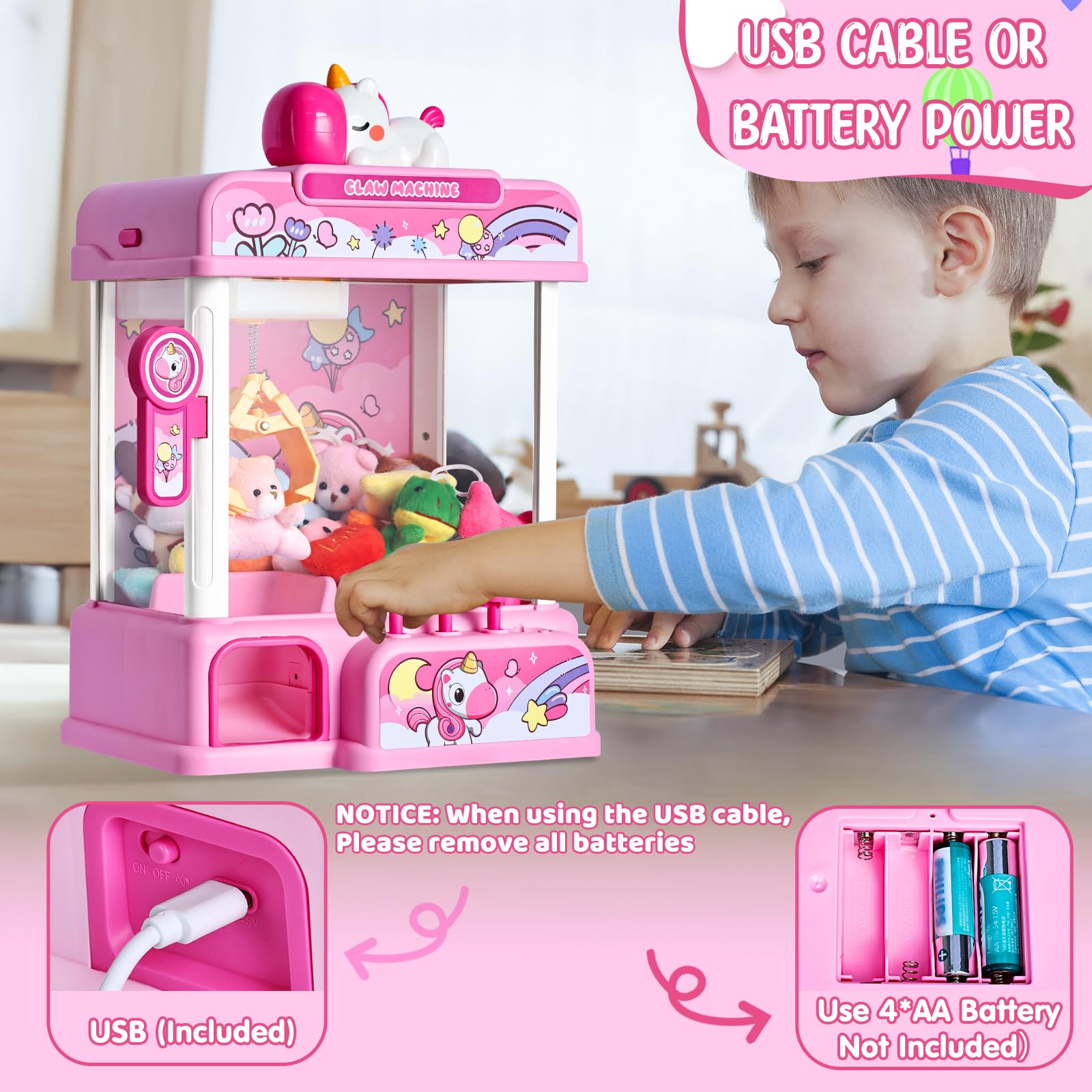 CWLAKON Candy Grabber Machine, Machine à Attraper Les Poupées avec 20 Mini Jouet, Distributeur de Bonbons Jeu d'arcade avec Musique, Anniversaires et Cadeaux de Noël pour Enfants Filles, Rose