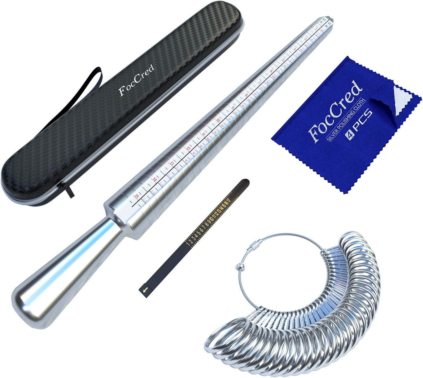 Ring Mandrel Sizer and Finger Ring Sizing Measuring Tool (Size 0-15) ，with a 4-Layer Silver polishing Cloth, Plastic Ring Size Belt, Complete Storage Box(Black)