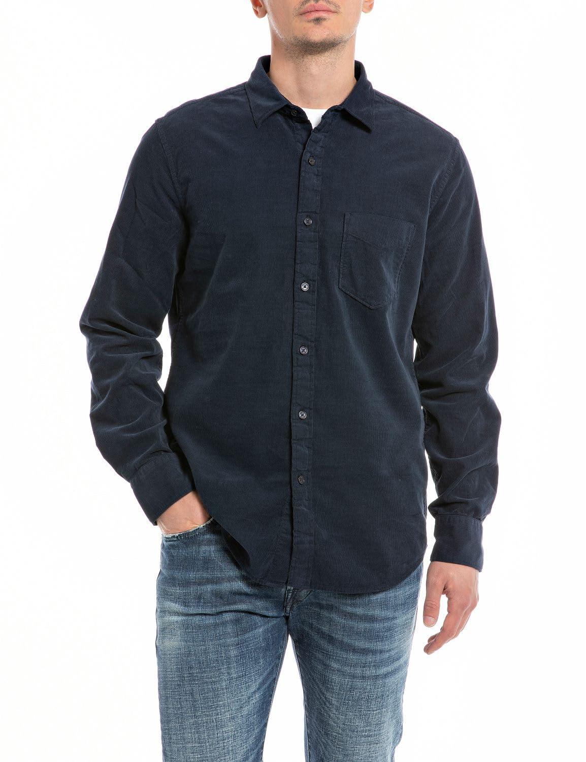 Replay Men's Long-Sleeved Shirt Made of Cotton Mix, Night Blue 971 (Blue), S
