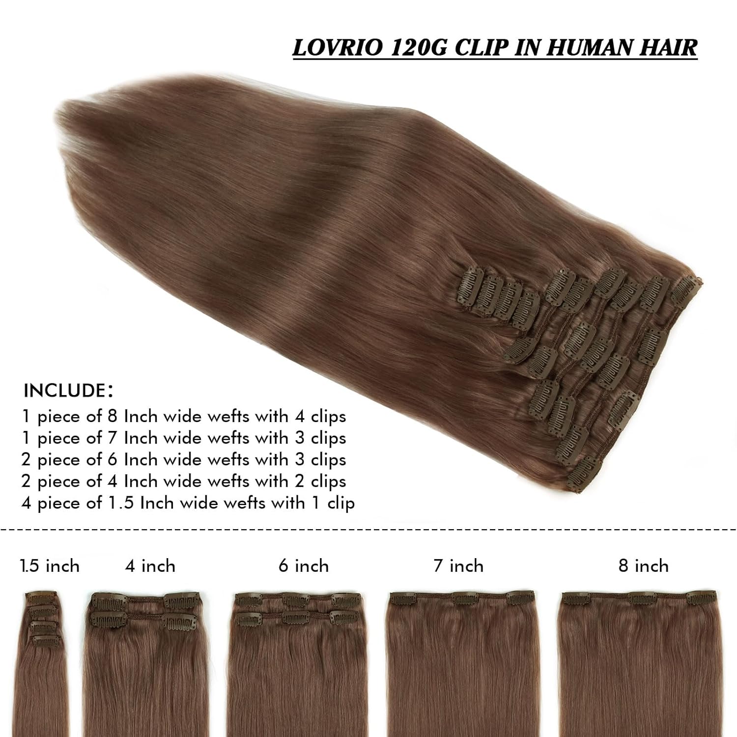 Lovrio 160g 20 inch Clip in Hair Extensions Human Hair, silky straight Big Thick Hair, Color Chocolate Brown 10 pieces 21 clips