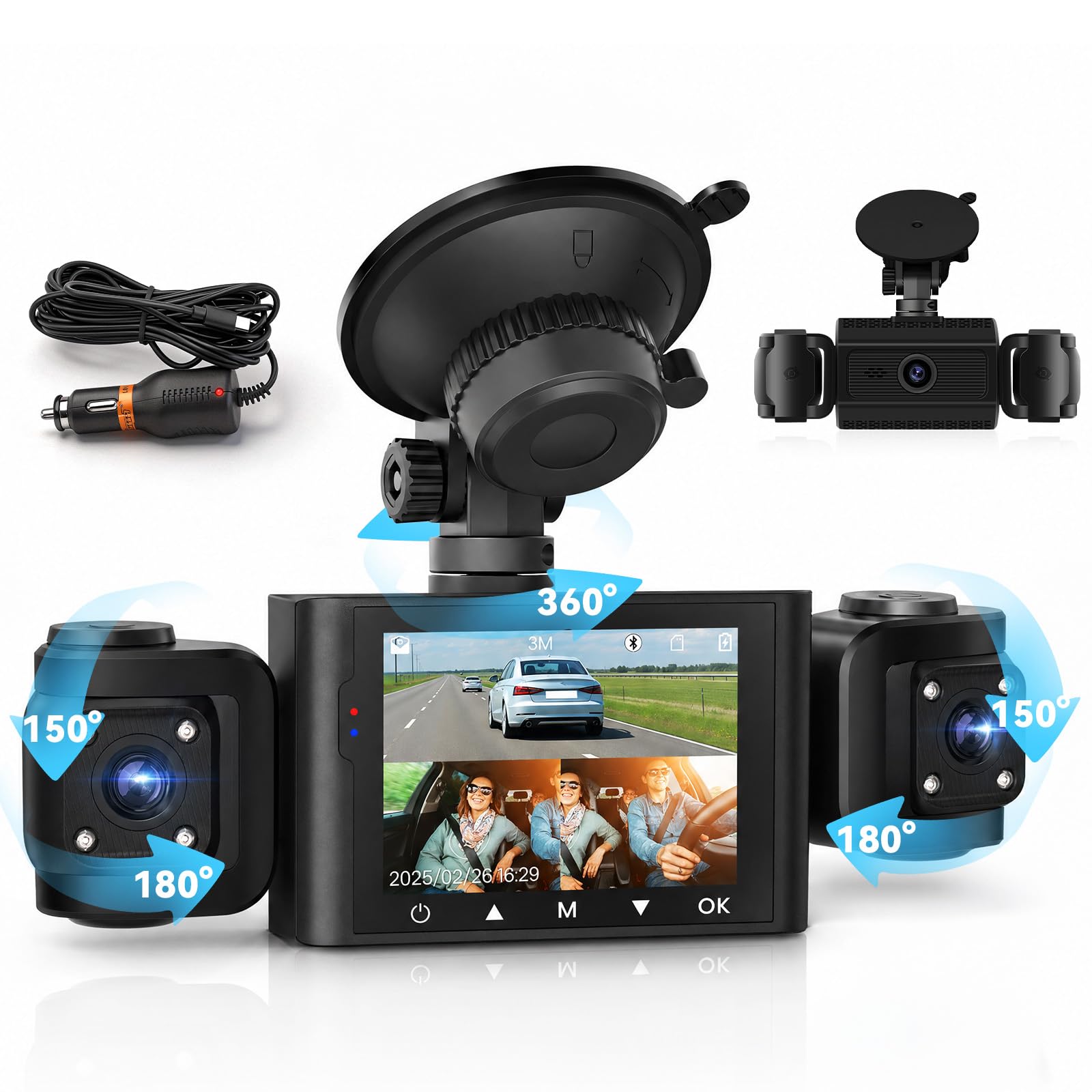 Caméra Embarquée 3 Canaux Full HD 1080p avec 3 Caméras, écran 2,4 Pouces, Enregistrement en Boucle, Détection de Mouvement Mode Parking pour Tous Véhicules Enregistreur de Trajet DVR pour Voiture