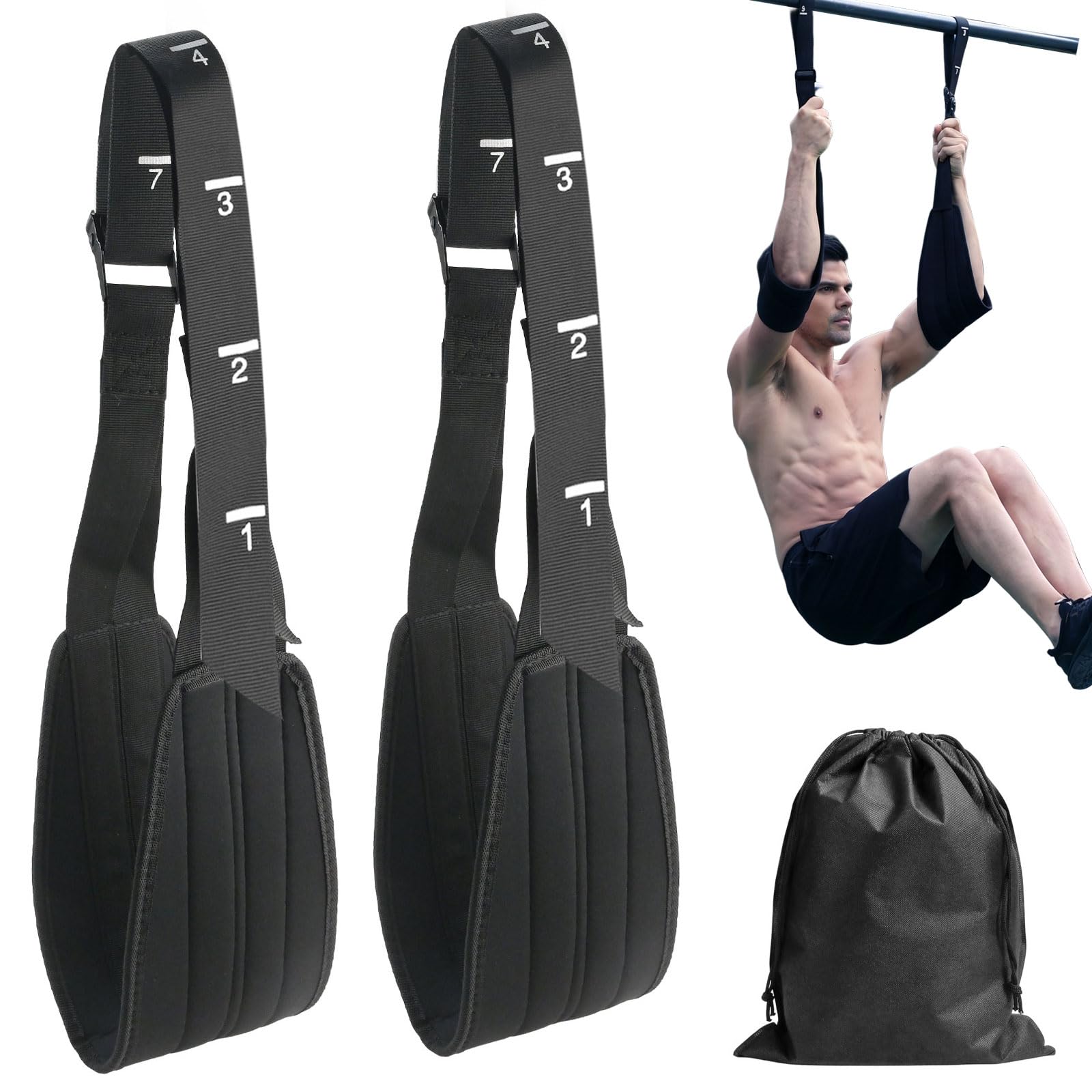 2Pcs Hanging Ab Straps for Pull Up Bar - Padded Suspension Trainer Slings with Measurement Markings and Storage Bag, Core Strength Training Equipment, Gym Accessories for Abdominal Leg Raise Exercise